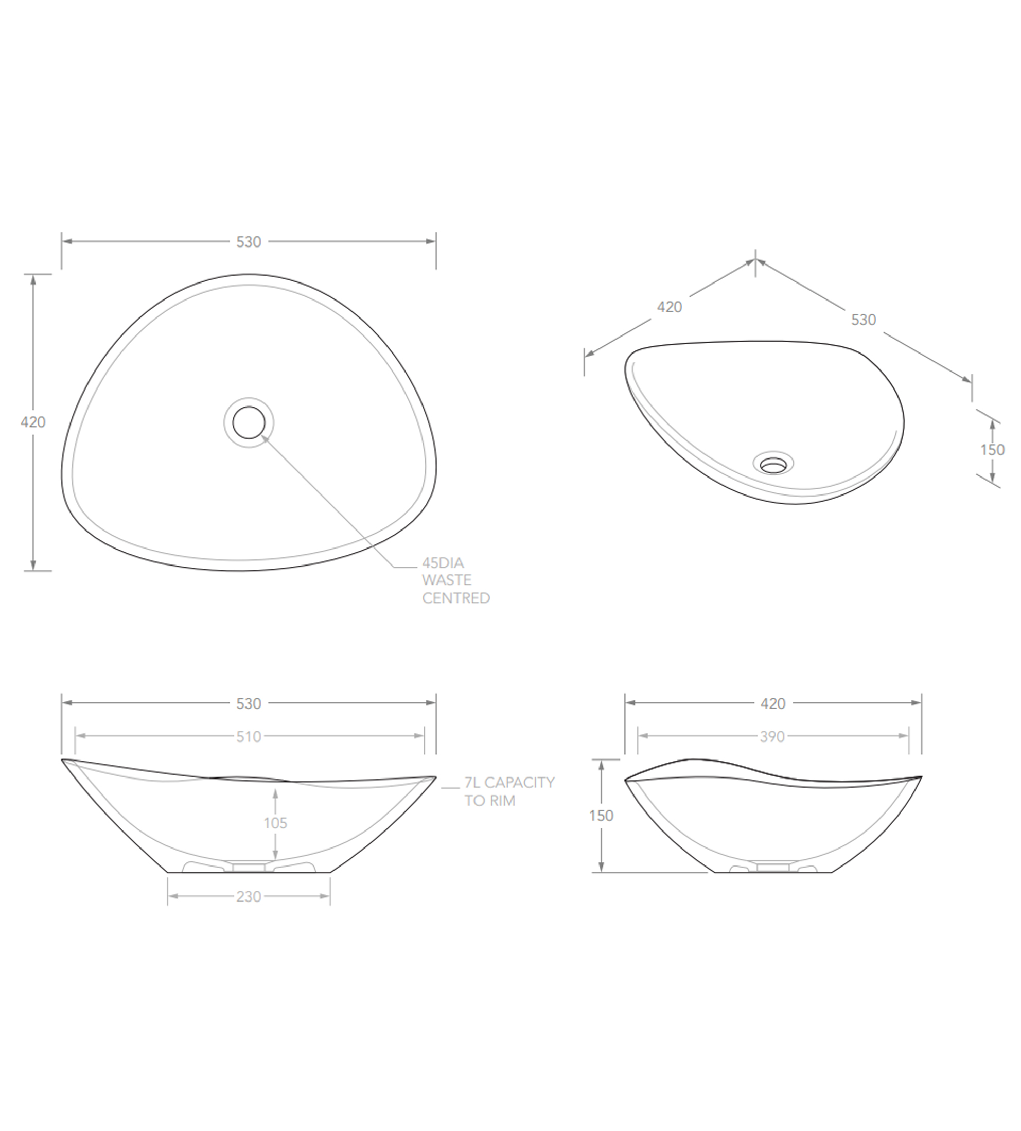 ADP Fiore 530mm Ceramic Above Counter Basin, Matte White