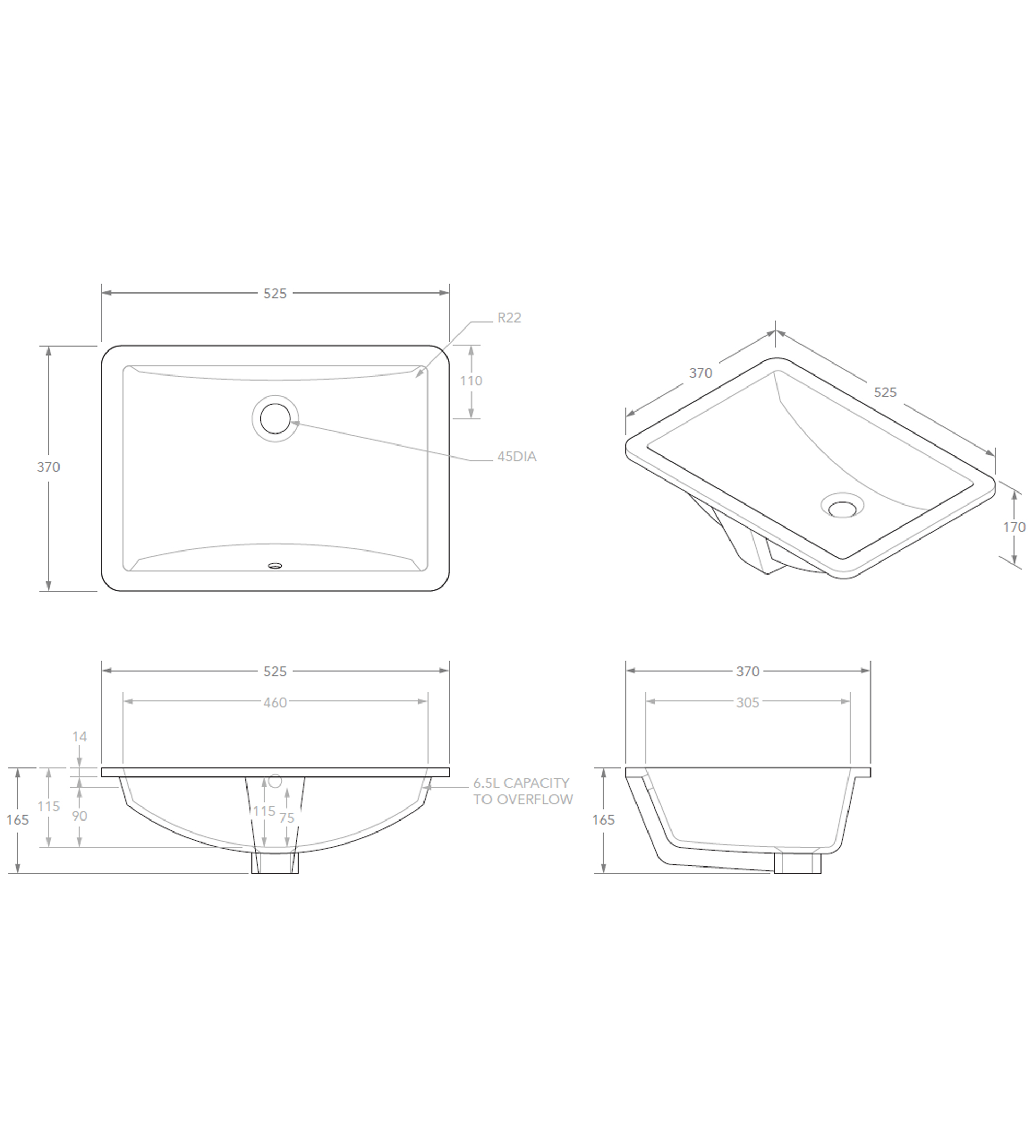 ADP Gravity 525mm Ceramic Under Counter Basin, Gloss White