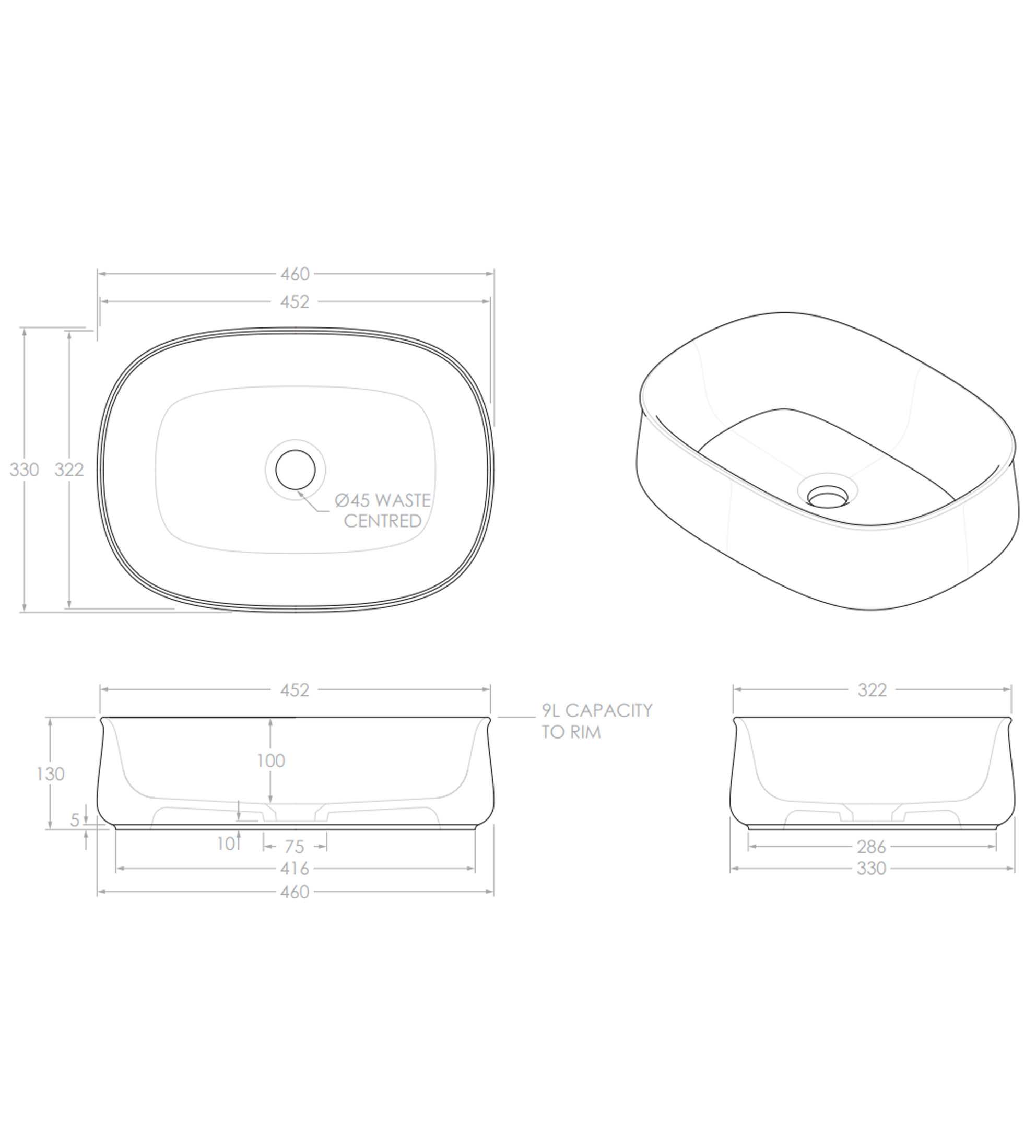 ADP Hewitt 460mm Ceramic Above Counter Basin, Matte White