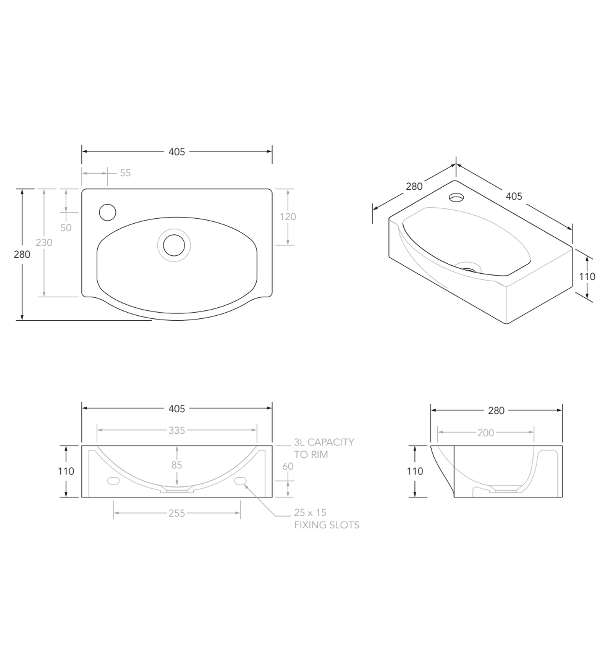 ADP Humphrey 405mm Ceramic Semi Recessed Wall Basin 1th, Gloss White