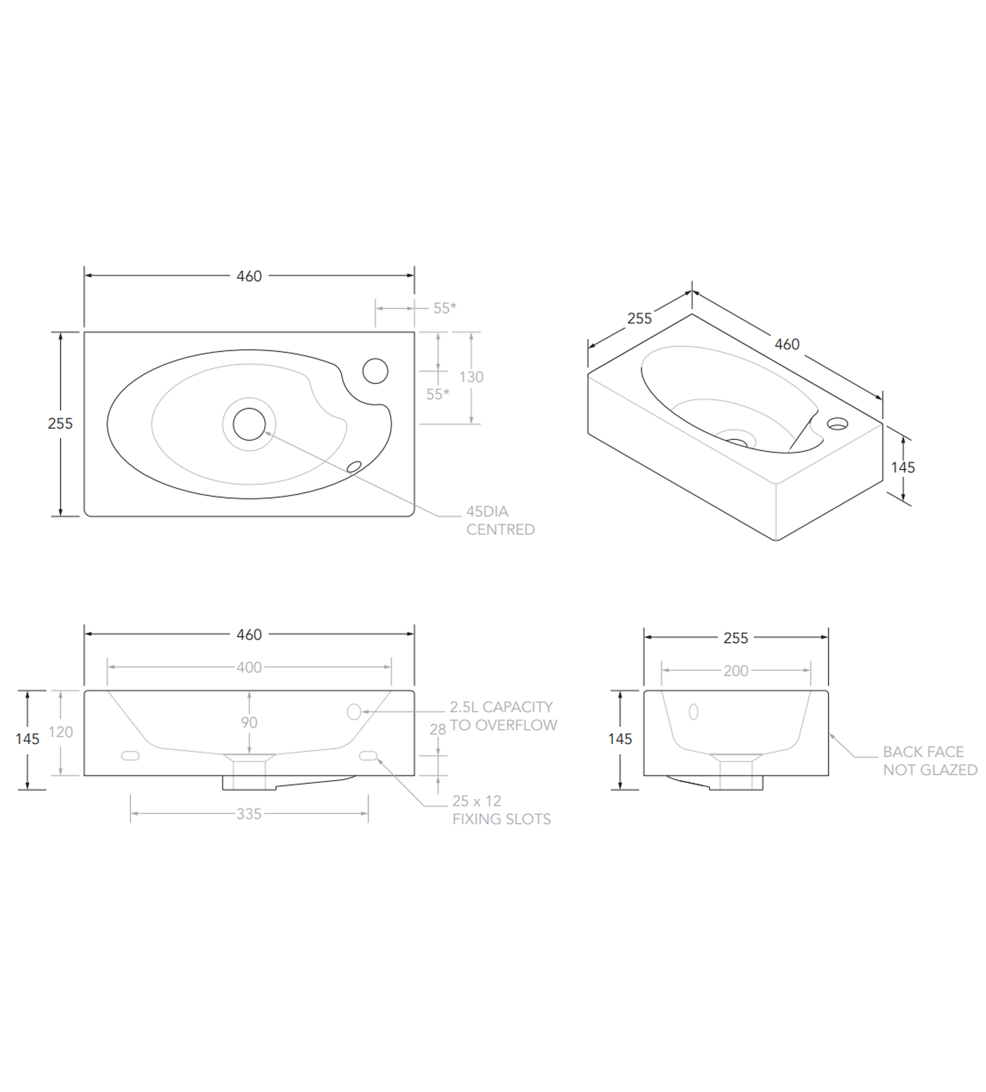 ADP Humphrey 460mm Ceramic Wall Mounted Basin 1th, Gloss White