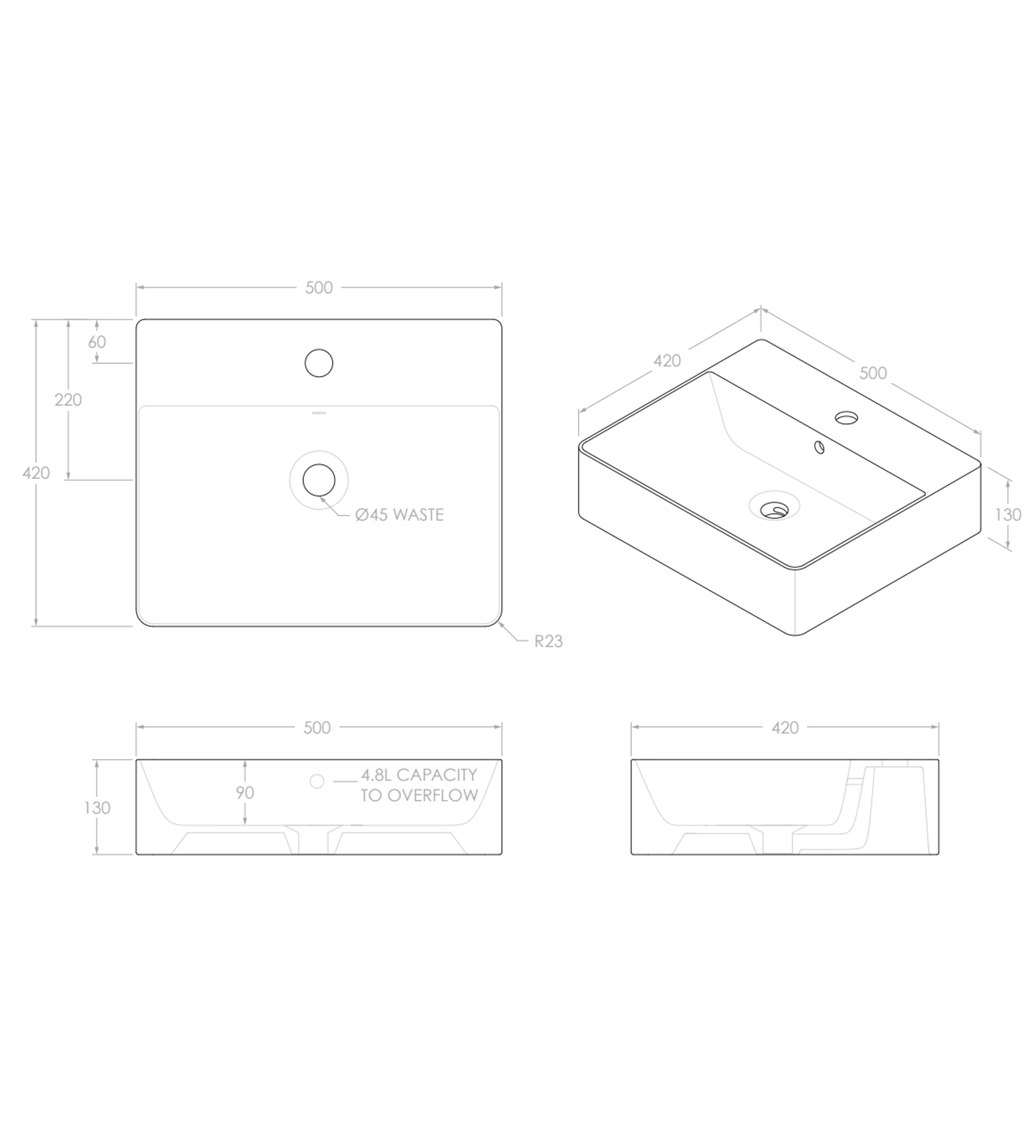 ADP Jack 500mm Ceramic Above Counter Basin 1th, Matte White