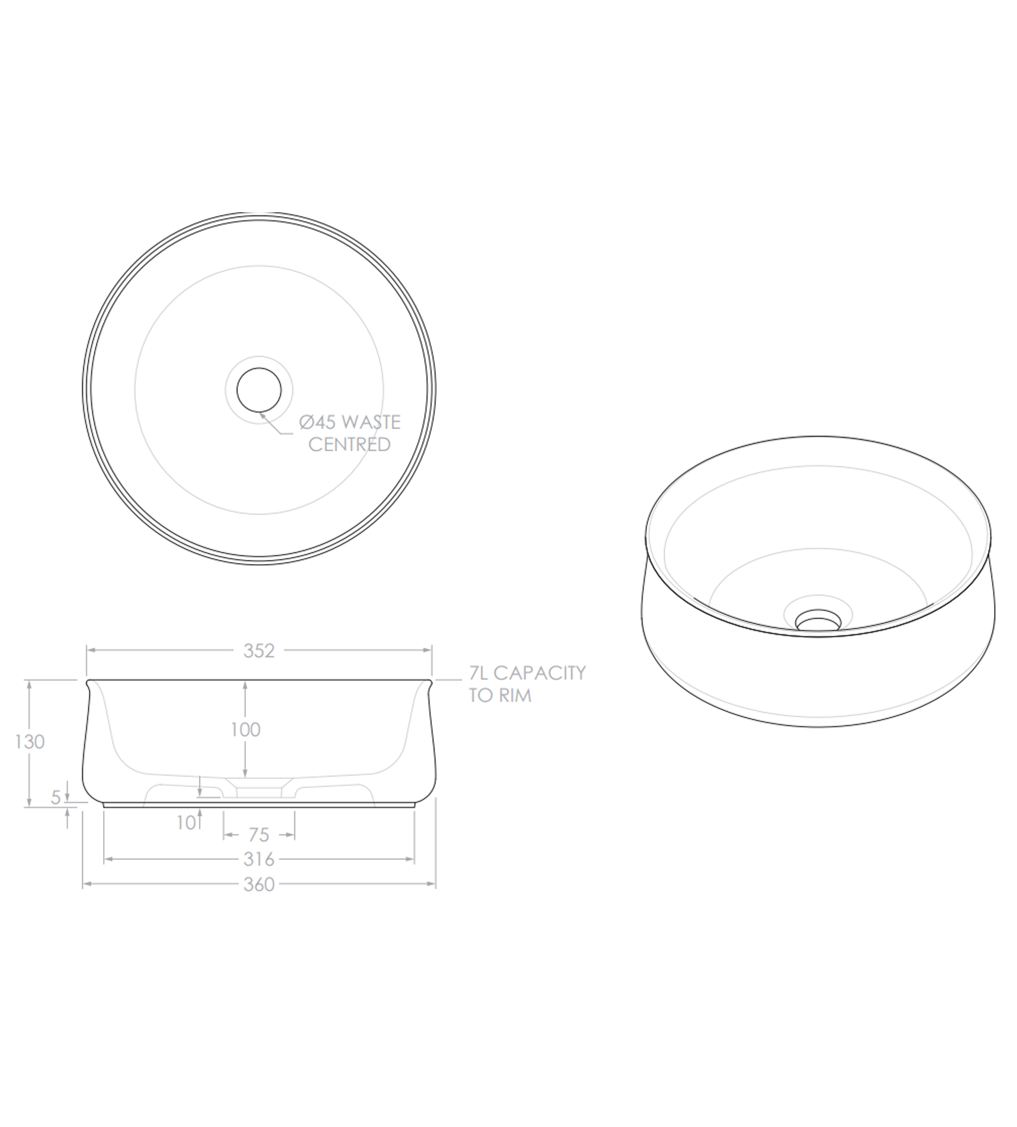 ADP Jennifer 360mm Ceramic Above Counter Basin, Matte White