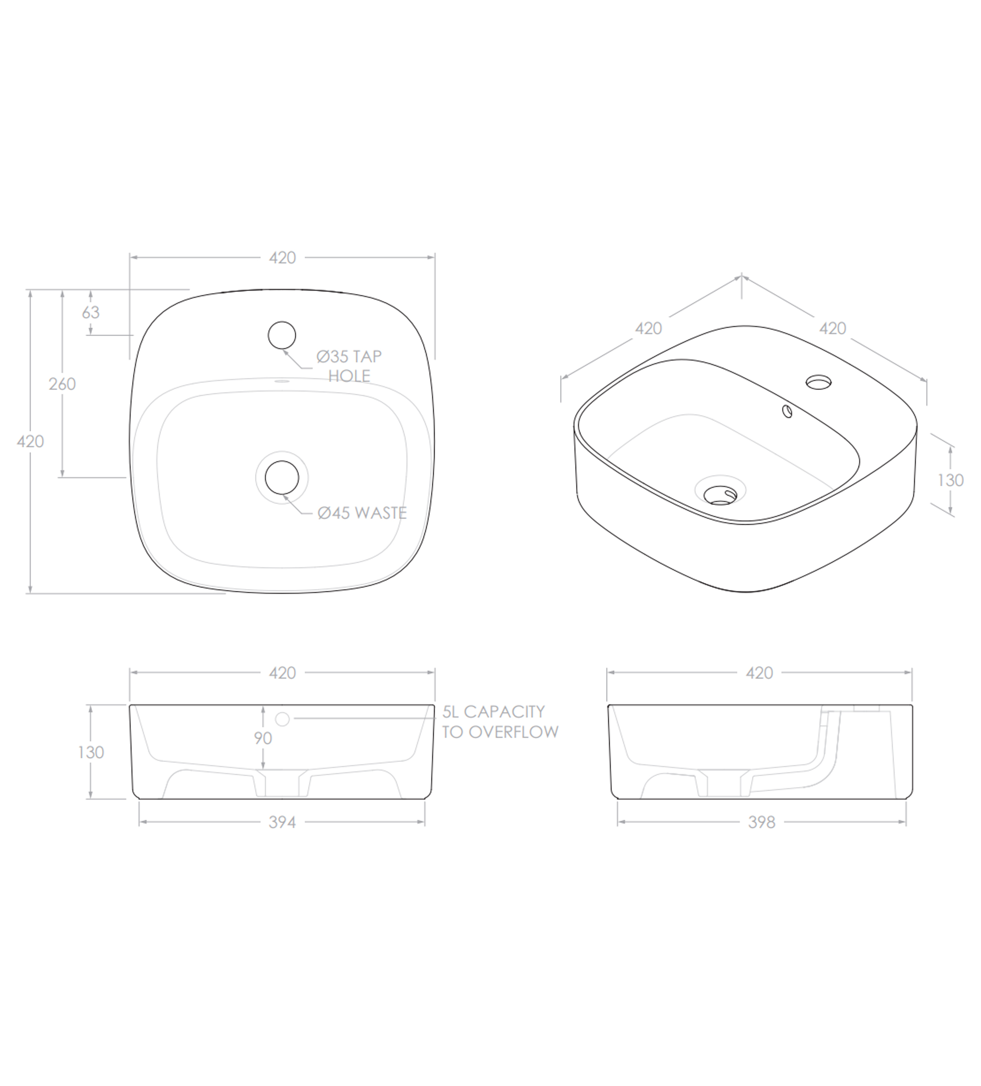 ADP Jill 420mm Ceramic Above Counter Basin 1th, Matte White