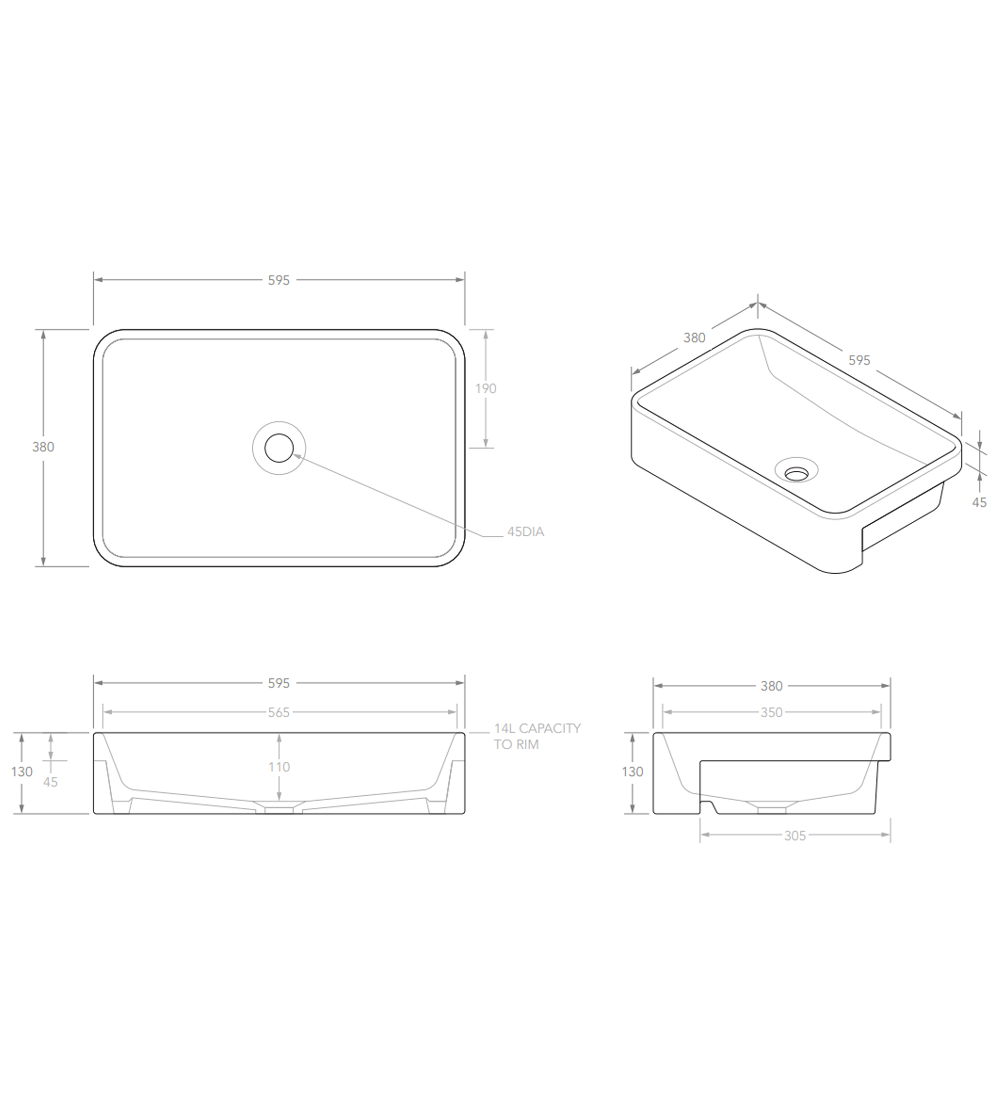 ADP Lino 590mm Ceramic Semi Recessed Basin, Gloss White