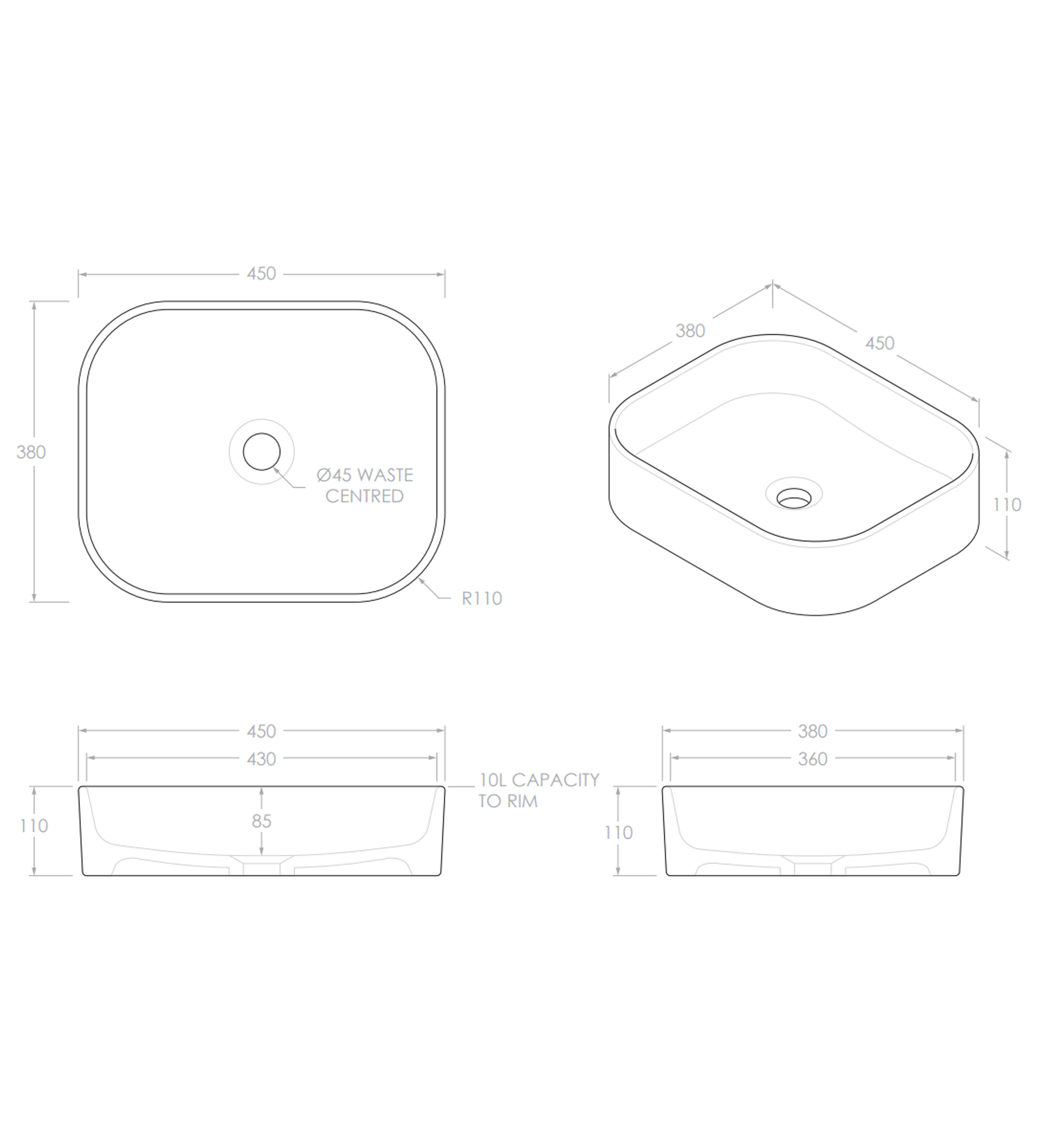 ADP Louie 450mm Ceramic Above Counter Basin, Gloss White