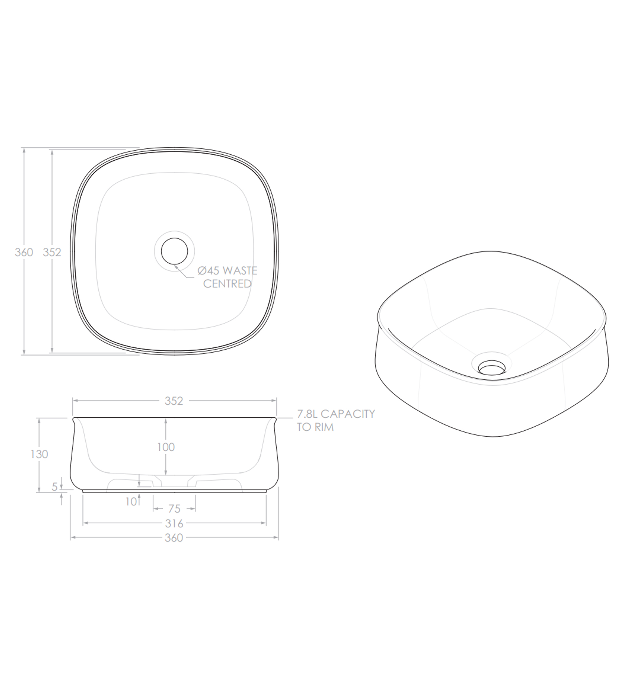 ADP Love 360mm Ceramic Above Counter Basin, Gloss White
