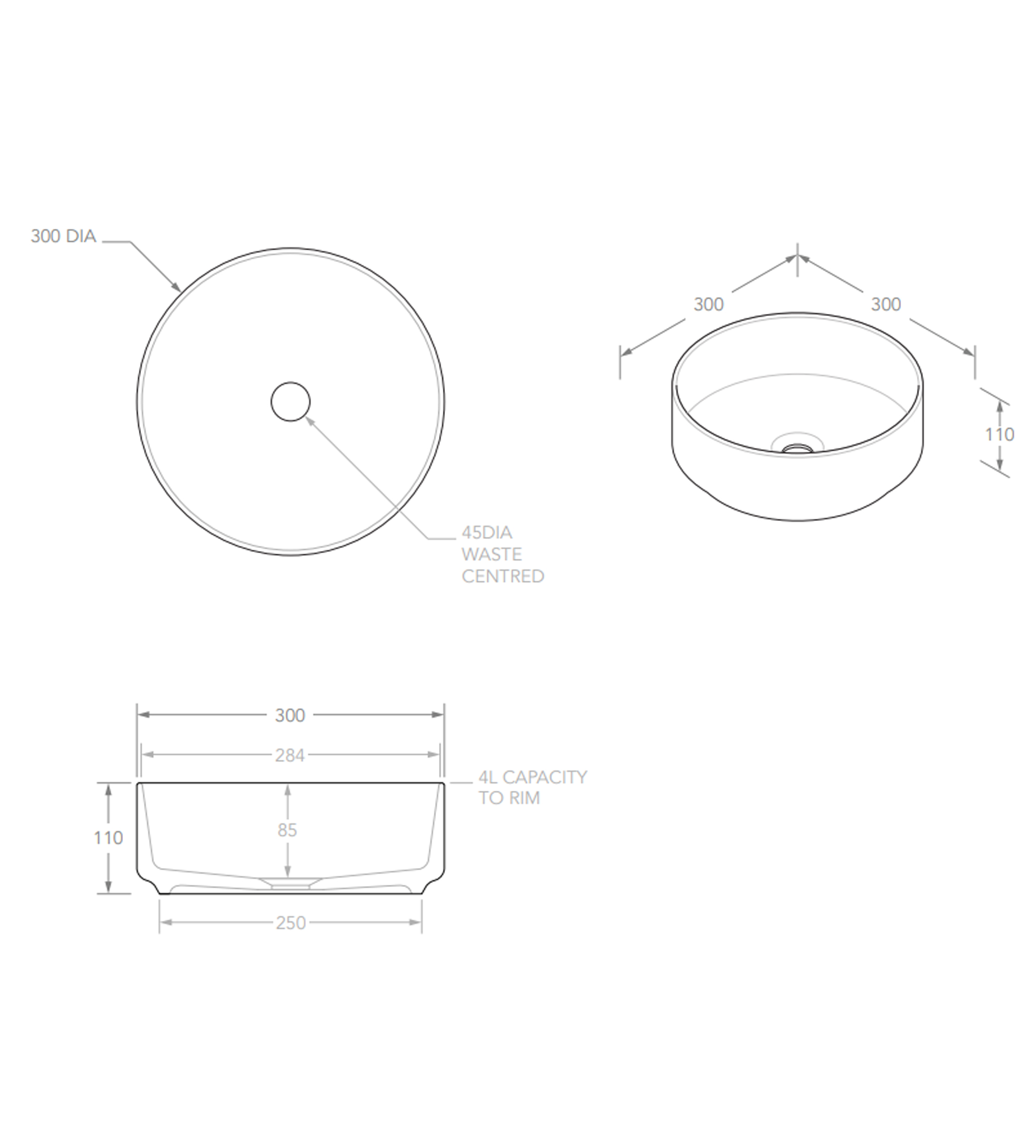 ADP Maggie 300mm Ceramic Above Counter Basin, Gloss White