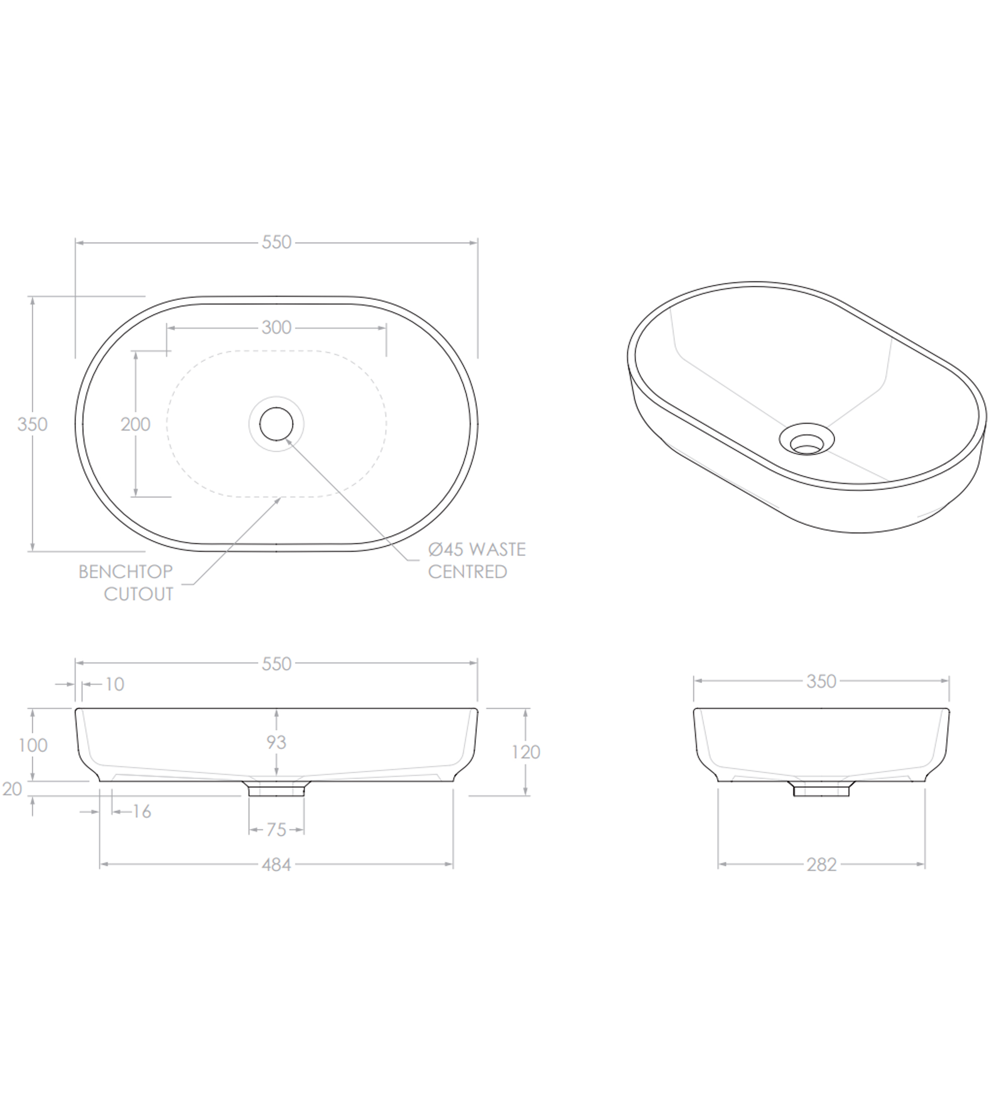 ADP Marilyn 550mm Ceramic Above Counter Basin, Gloss White