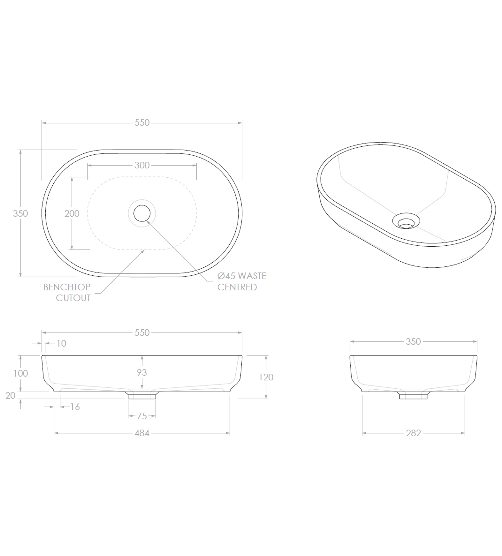 ADP Marilyn 550mm Ceramic Above Counter Basin, Matte Ivory