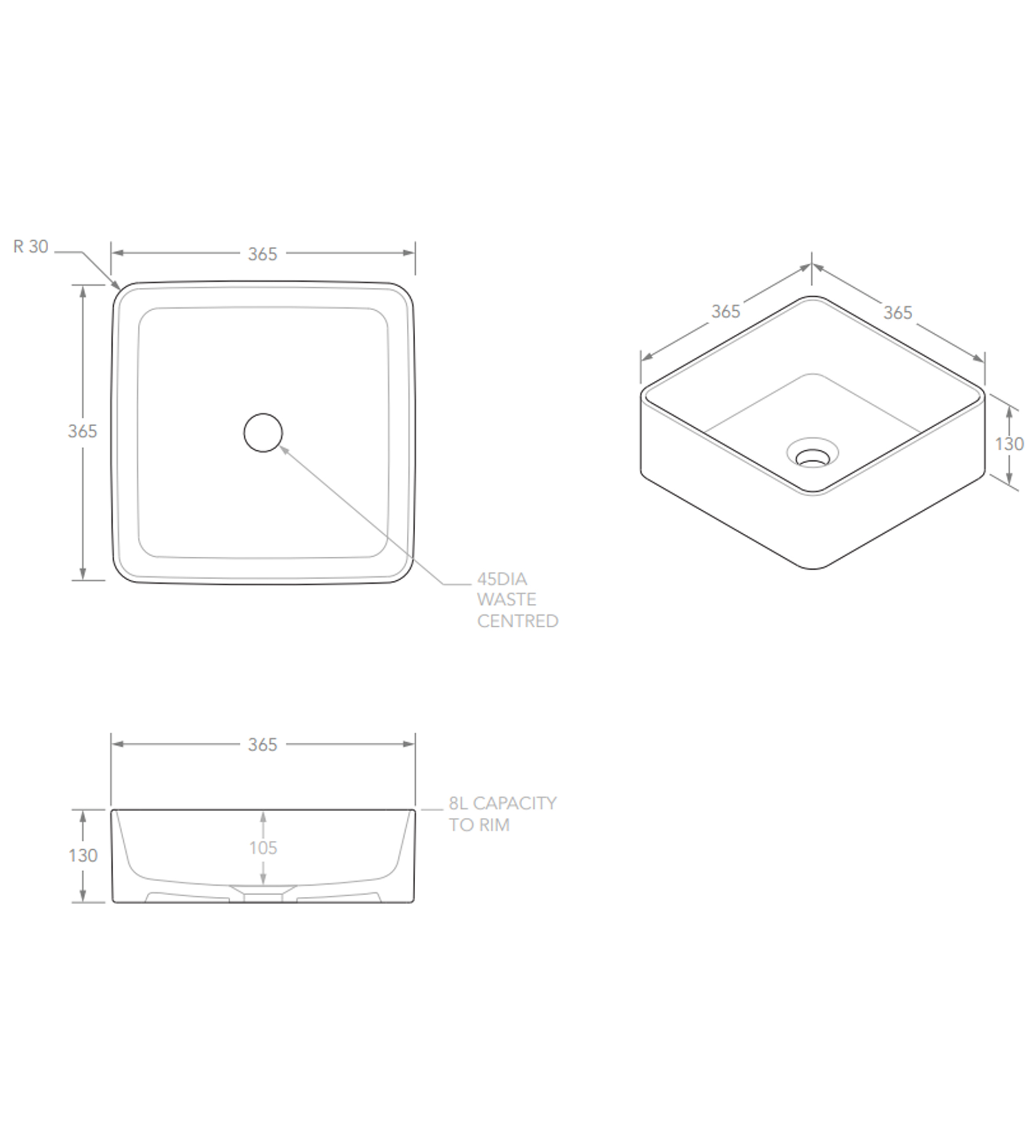 ADP Malo 365mm Ceramic Above Counter Basin, Gloss White