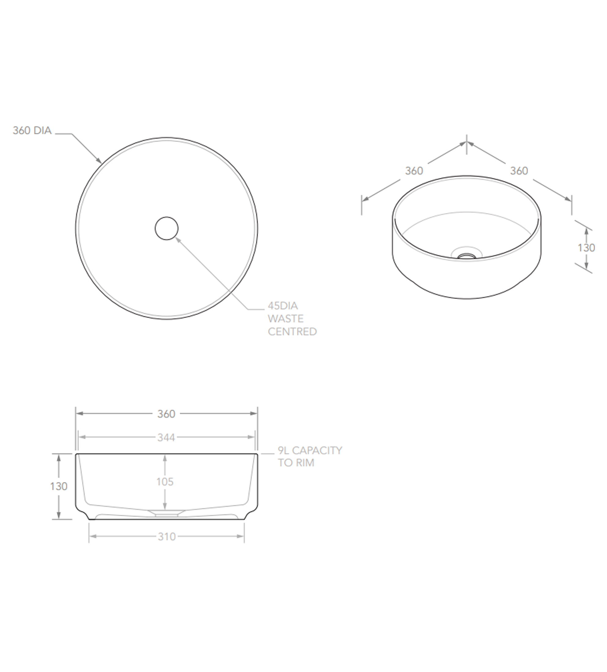 ADP Margot Duo Duo 360mm Ceramic Above Counter Basin, Grey/White