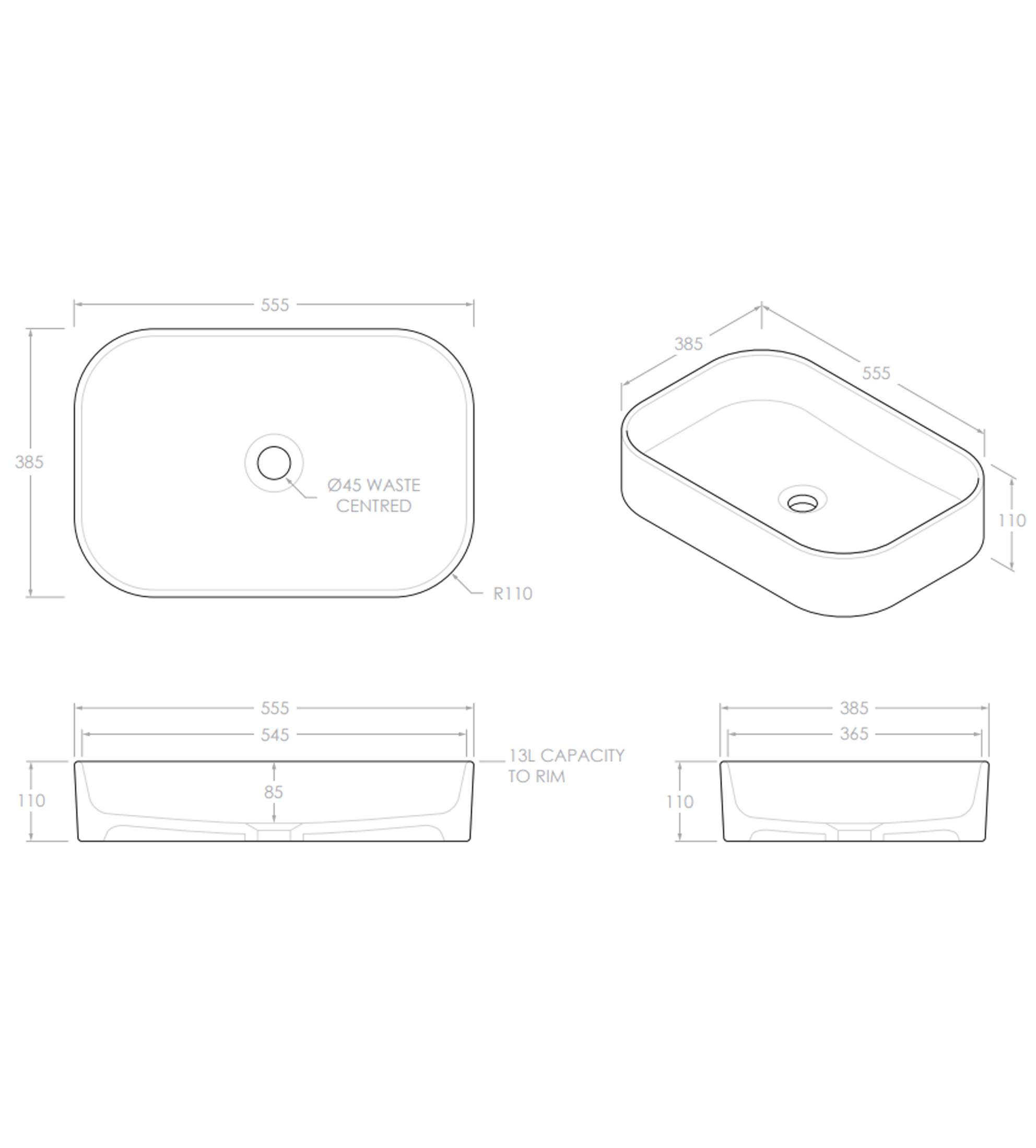 ADP Max 555mm Ceramic Above Counter Basin, Gloss White