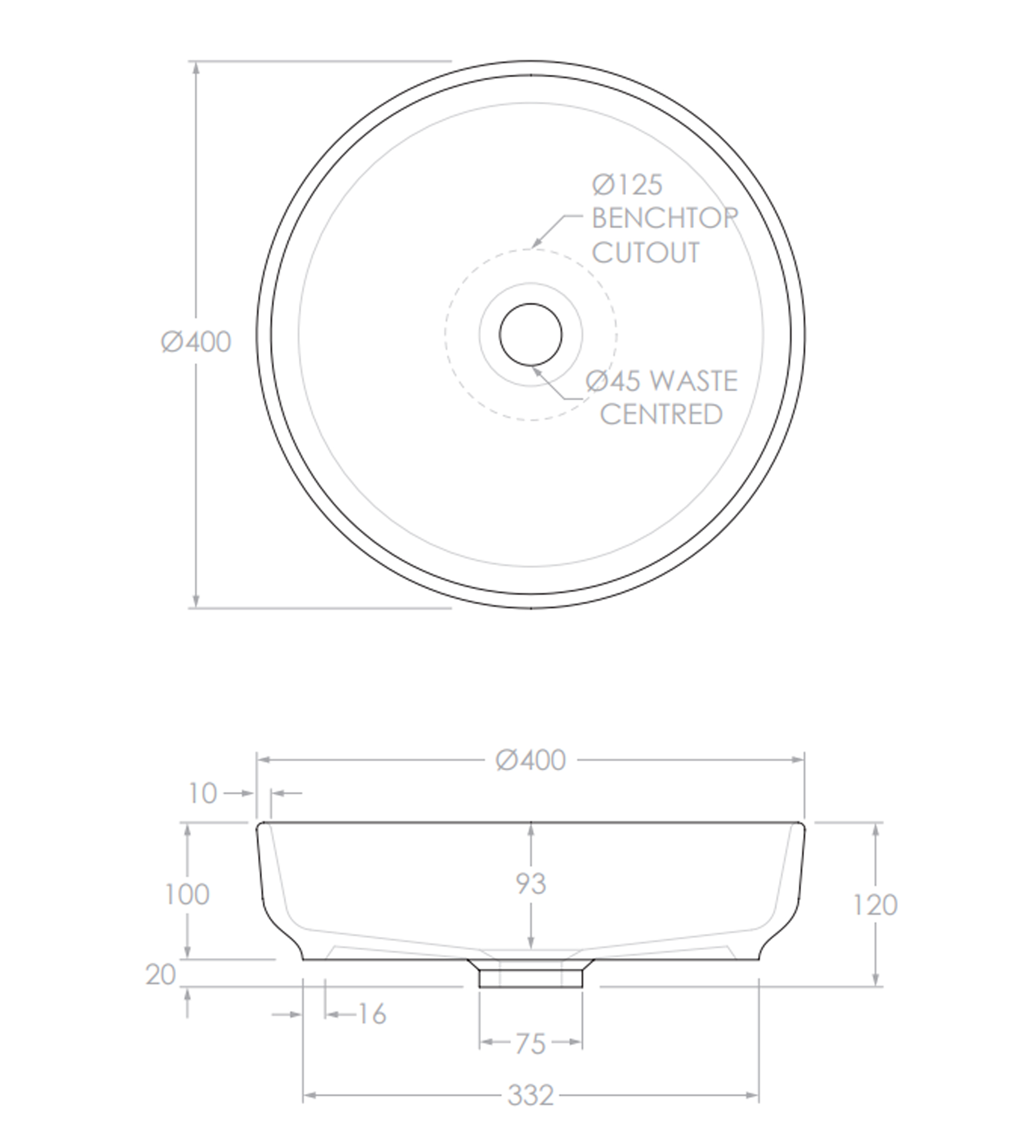 ADP Monroe 400mm Ceramic Above Counter Basin, Matte White