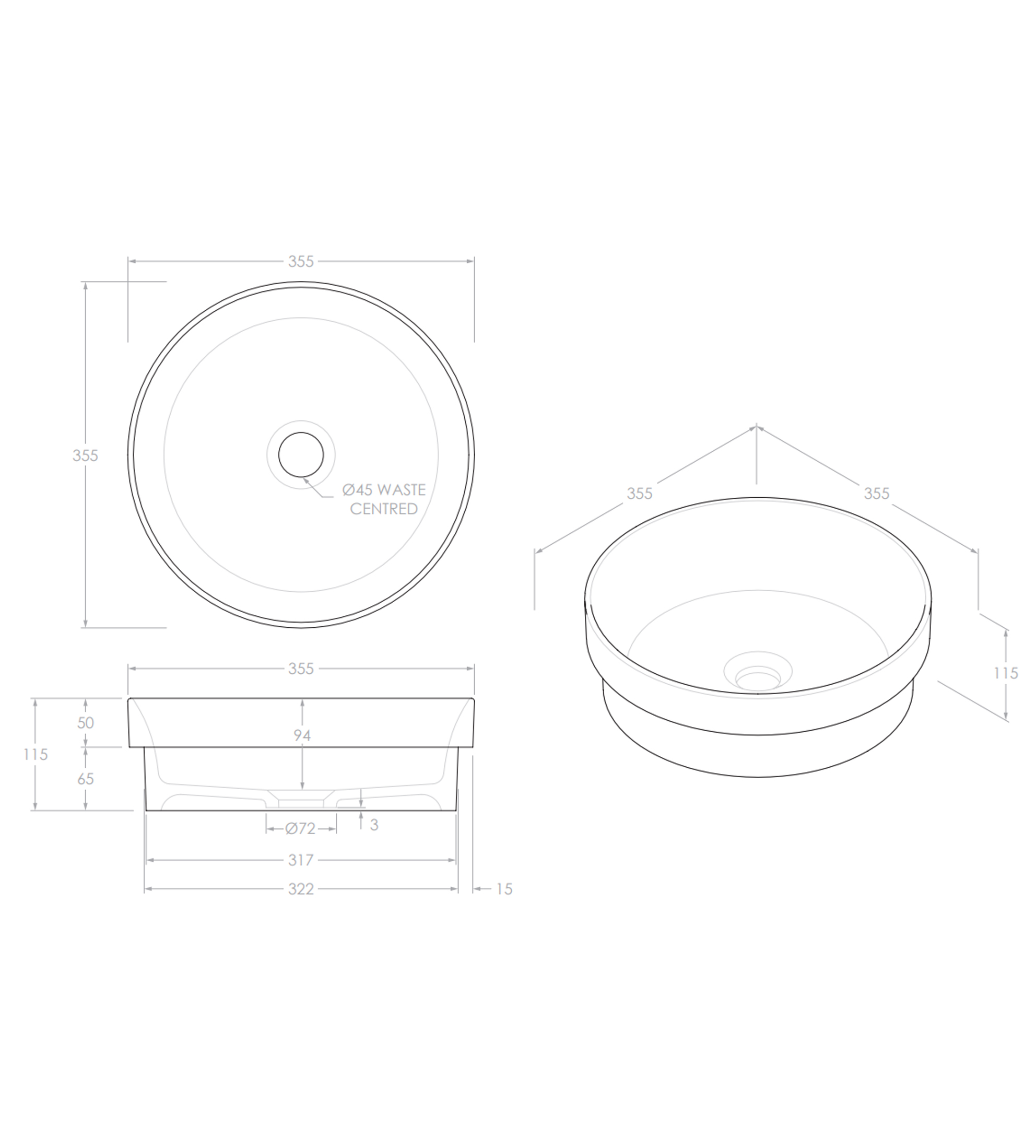 ADP Monica 355mm Ceramic Semi Inset Basin, Gloss White