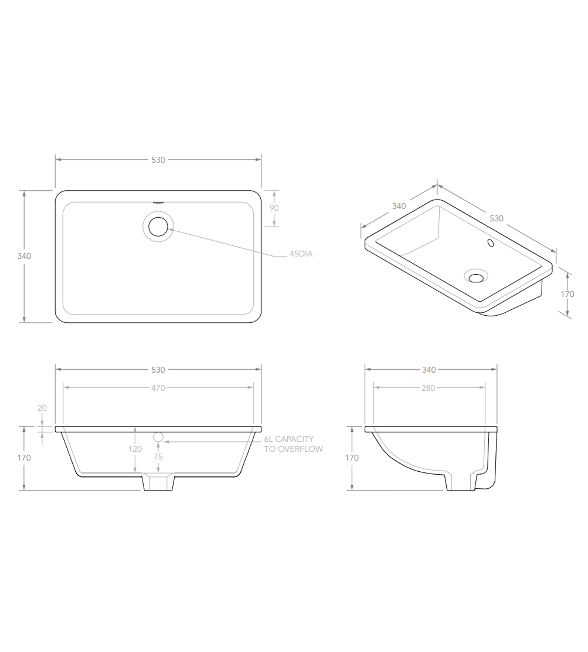 ADP Nesa 530mm Ceramic Under Counter Basin, Gloss White
