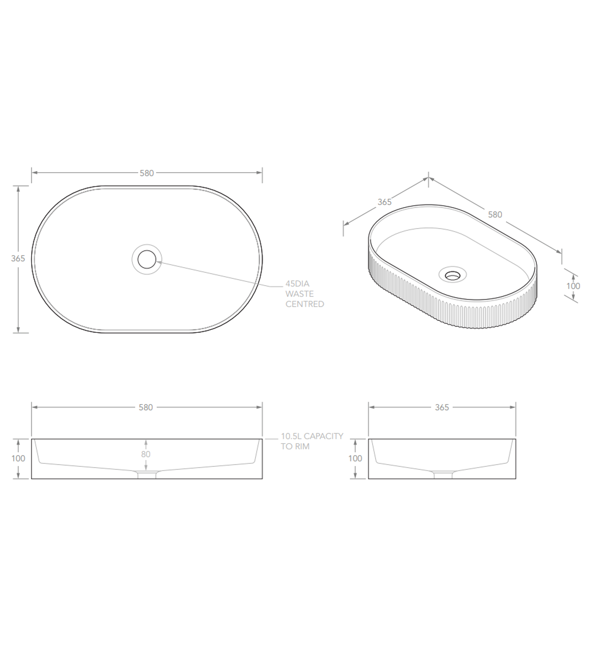 ADP Pill Fluted 580mm Ceramic Above Counter Basin, Gloss White