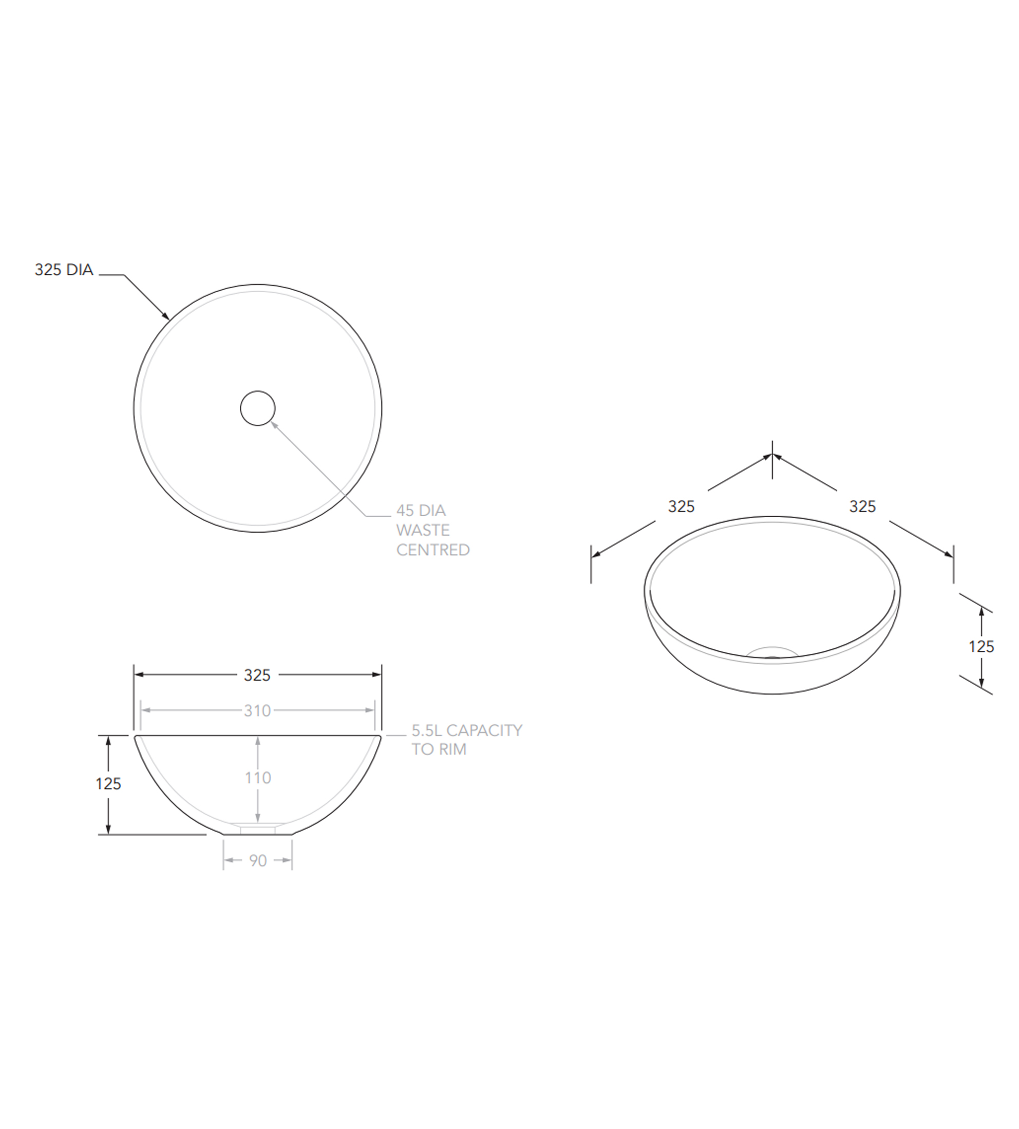 ADP Pluto 325mm Ceramic Above Counter Basin, Gloss White