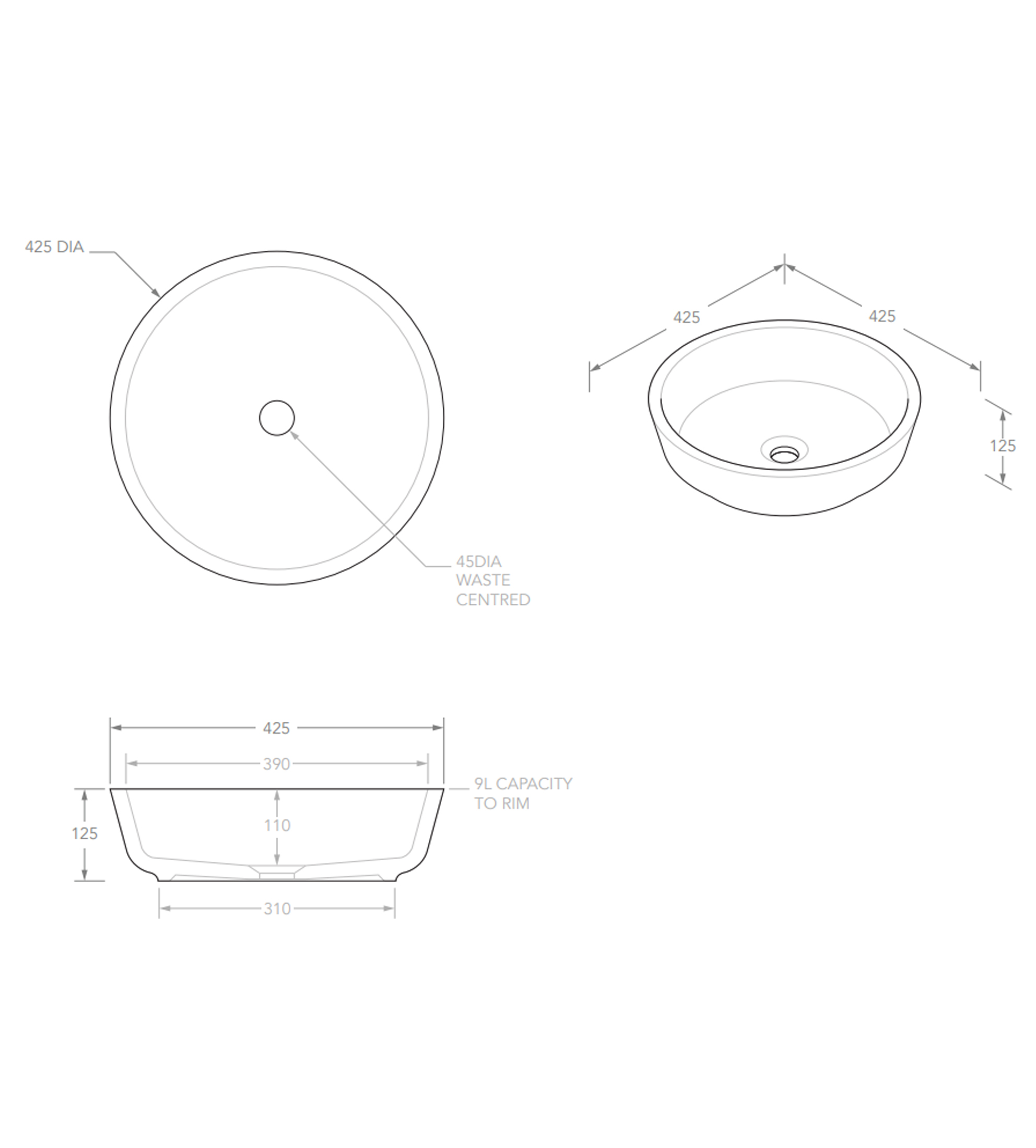 ADP Resort 425mm Ceramic Above Counter Basin, Matte Black