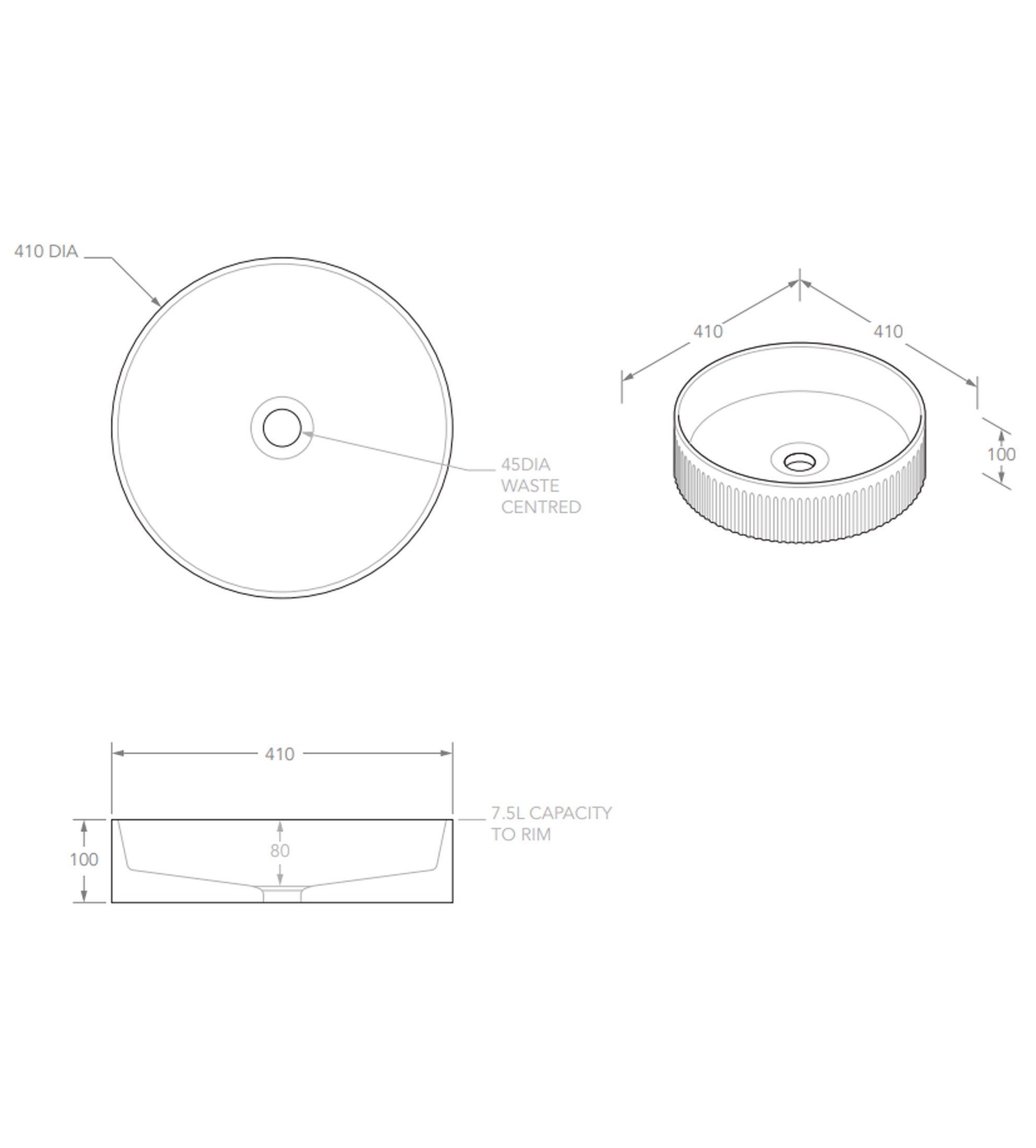 ADP Round Fluted 410mm Ceramic Above Counter Basin, Gloss White