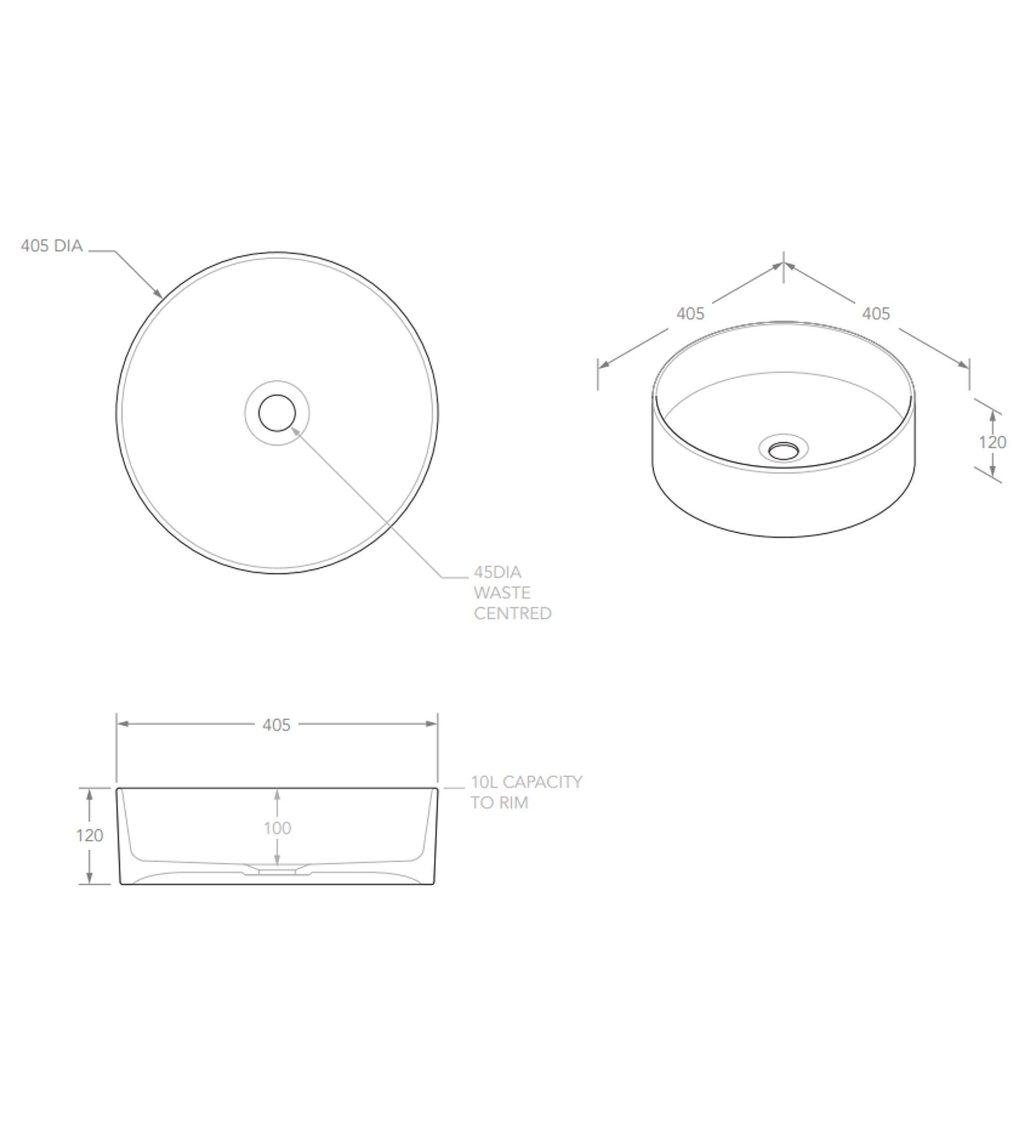 ADP Robbie 405mm Ceramic Above Counter Basin, Gloss White