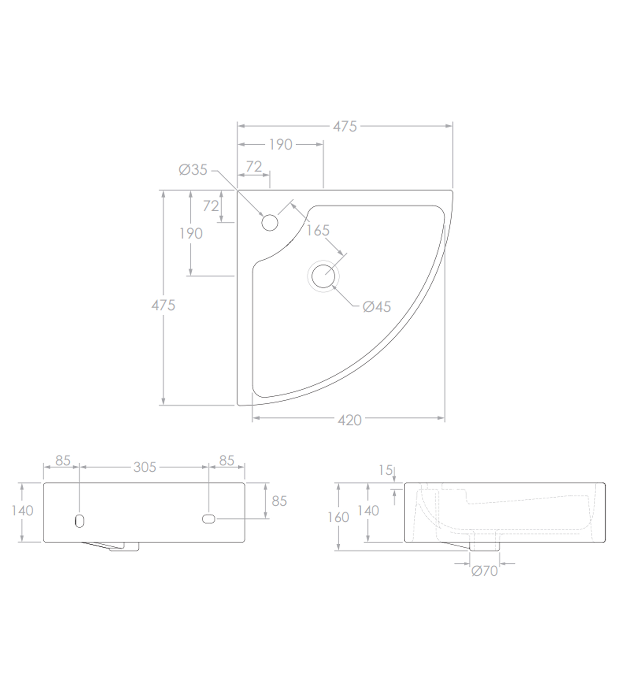 ADP Square Corner 475mm Ceramic Wall Mounted Basin 1th, Gloss White