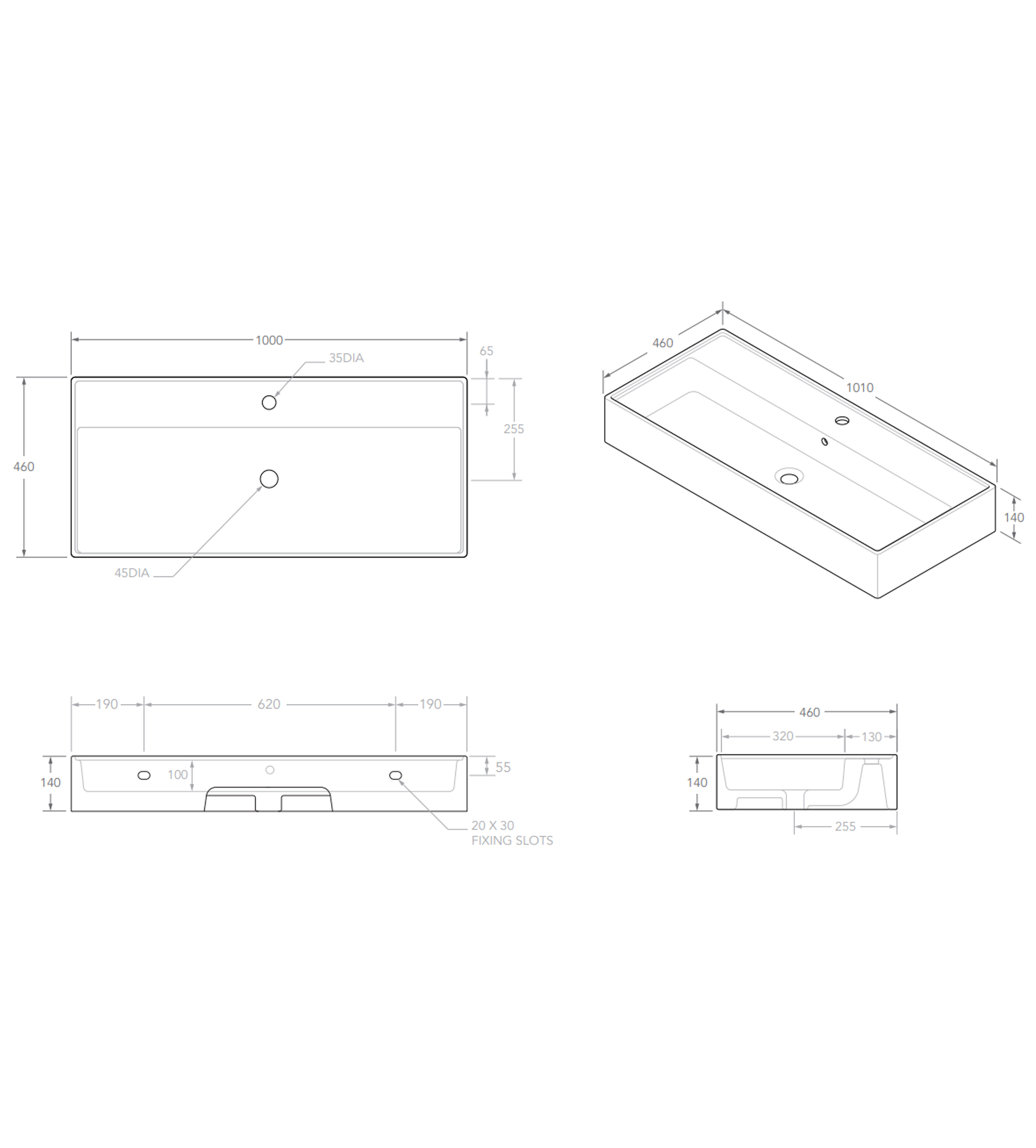 ADP Teorema 1000mm Ceramic Wall Mounted Basin, Full Bowl, Gloss White