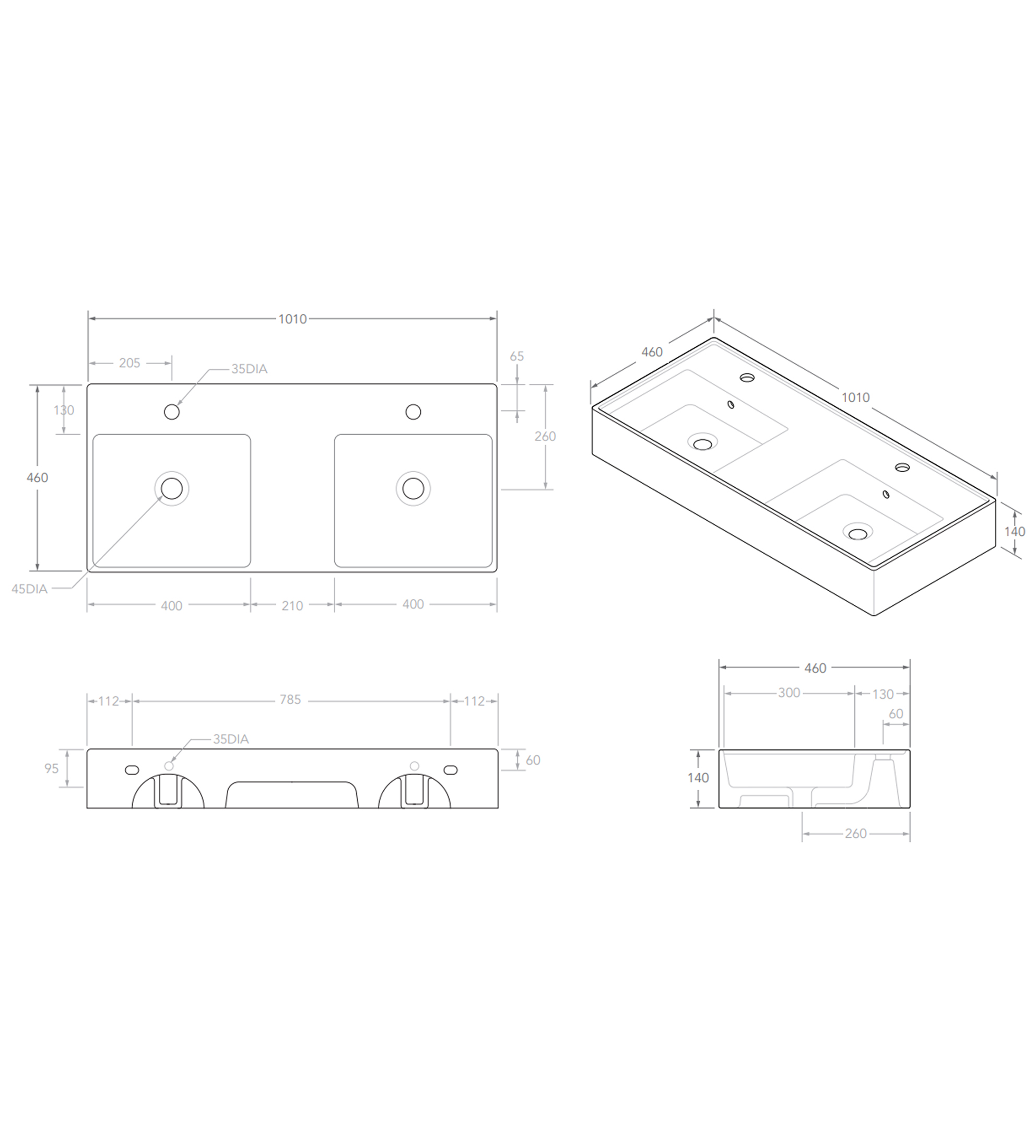 ADP Teorema 1010mm Ceramic Wall Mounted Basin, Double Bowl 1th, Gloss White