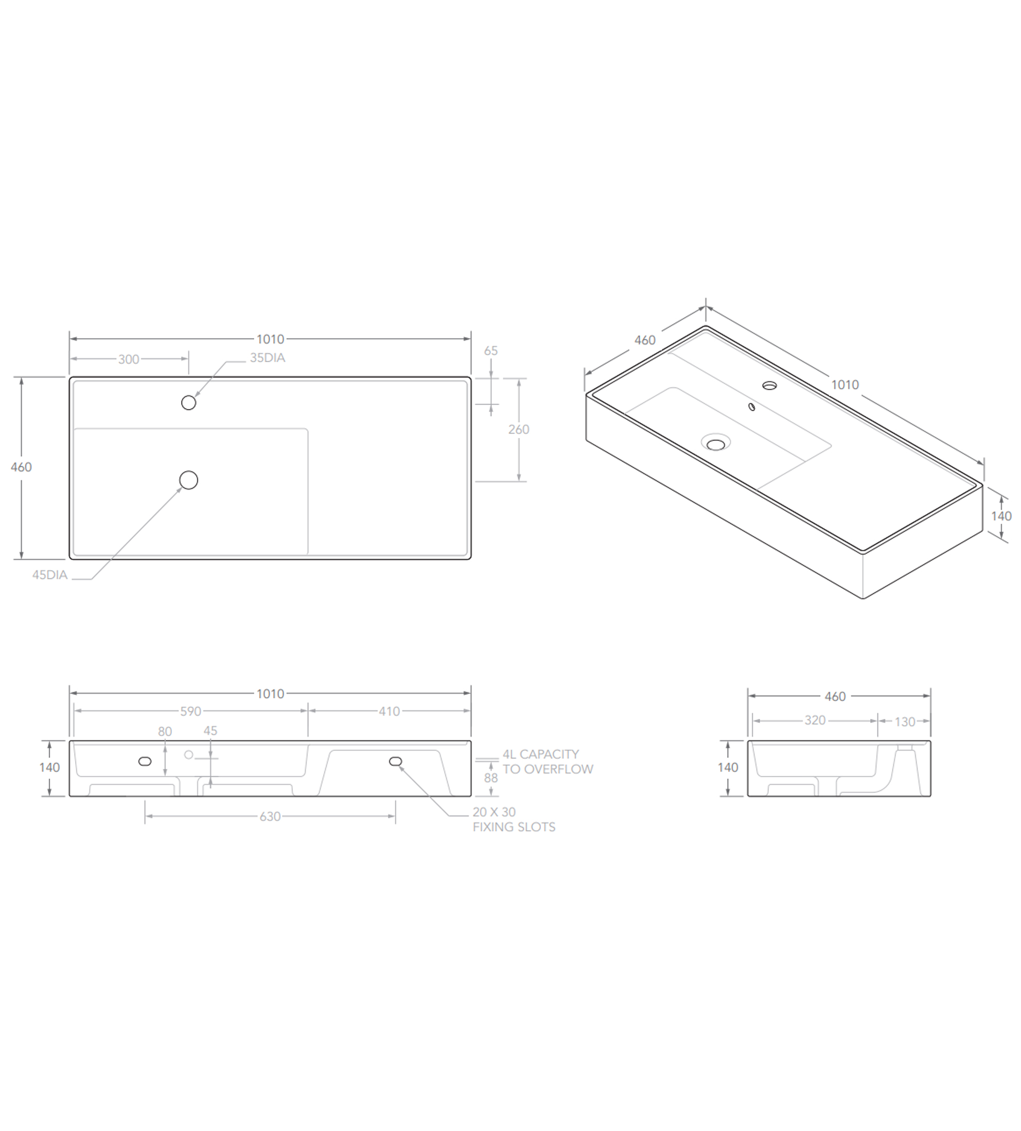 ADP Teorema 1010mm Ceramic Wall Mounted Basin, Right Hand Bowl 1th, Gloss White