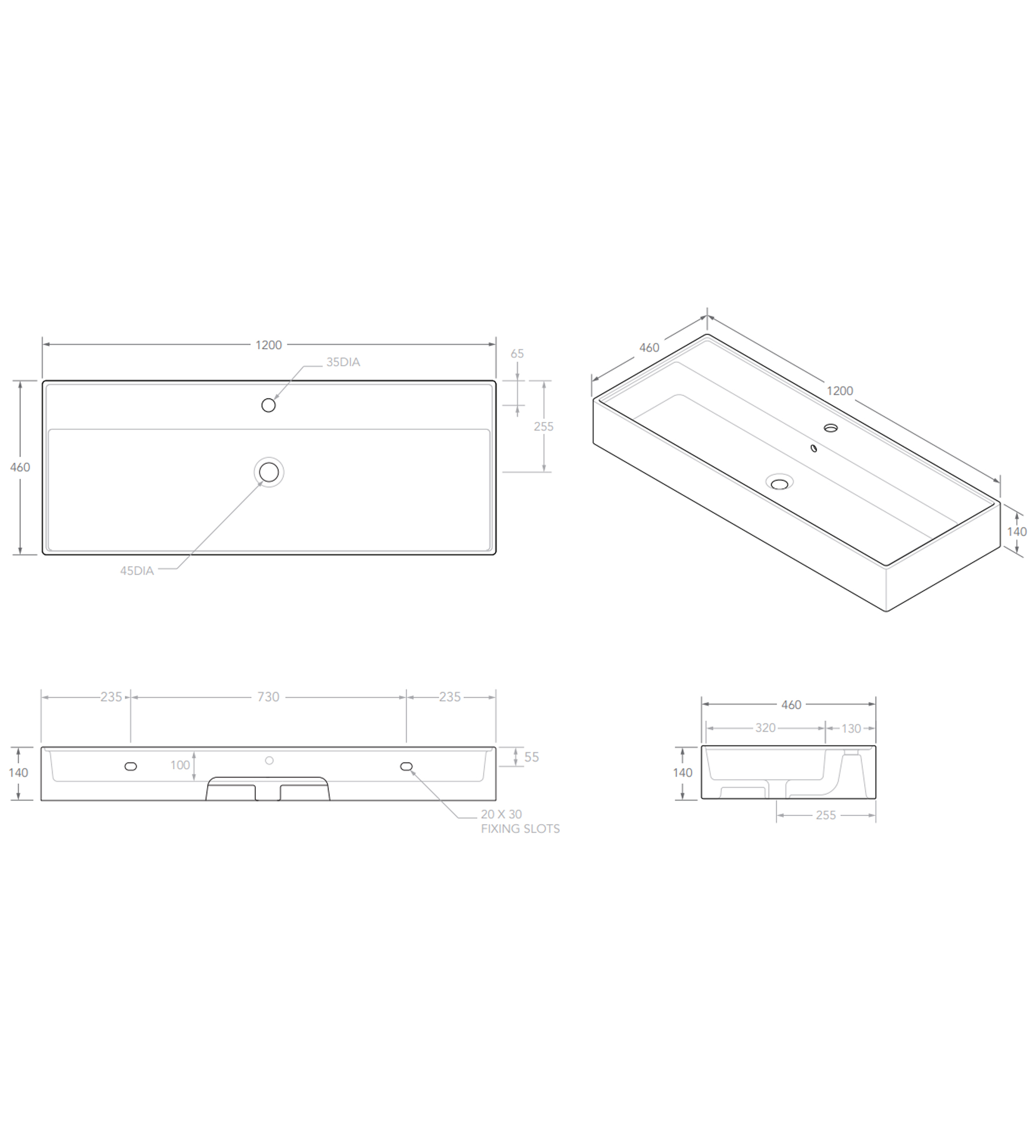 ADP Teorema 1200mm Ceramic Wall Mounted Basin, Full Bowl Nth, Gloss White