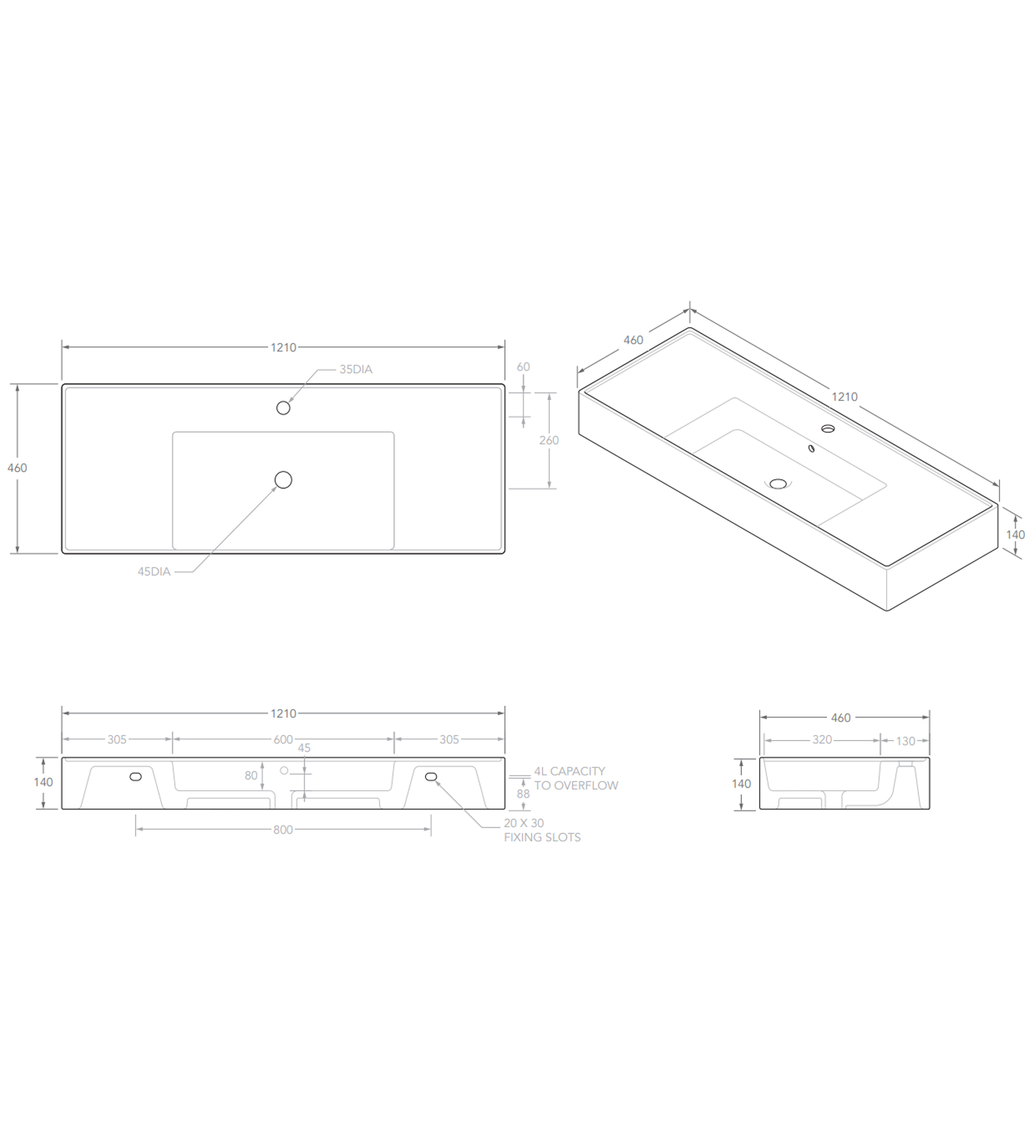 ADP Teorema 1210mm Ceramic Wall Mounted Basin, Centre Bowl 1th, Gloss White