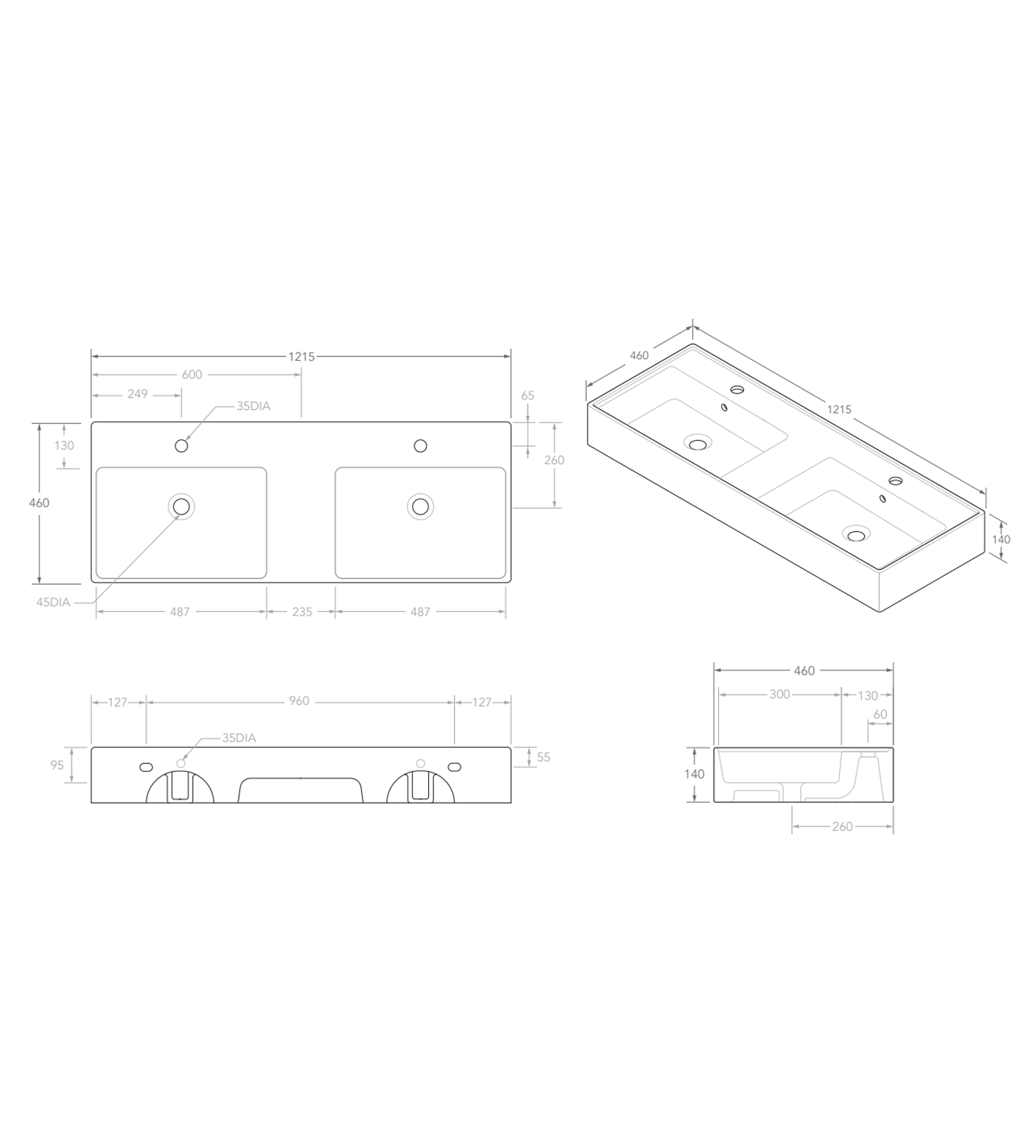 ADP Teorema 1215mm Ceramic Wall Mounted Basin, Double Bowl 1th, Gloss White