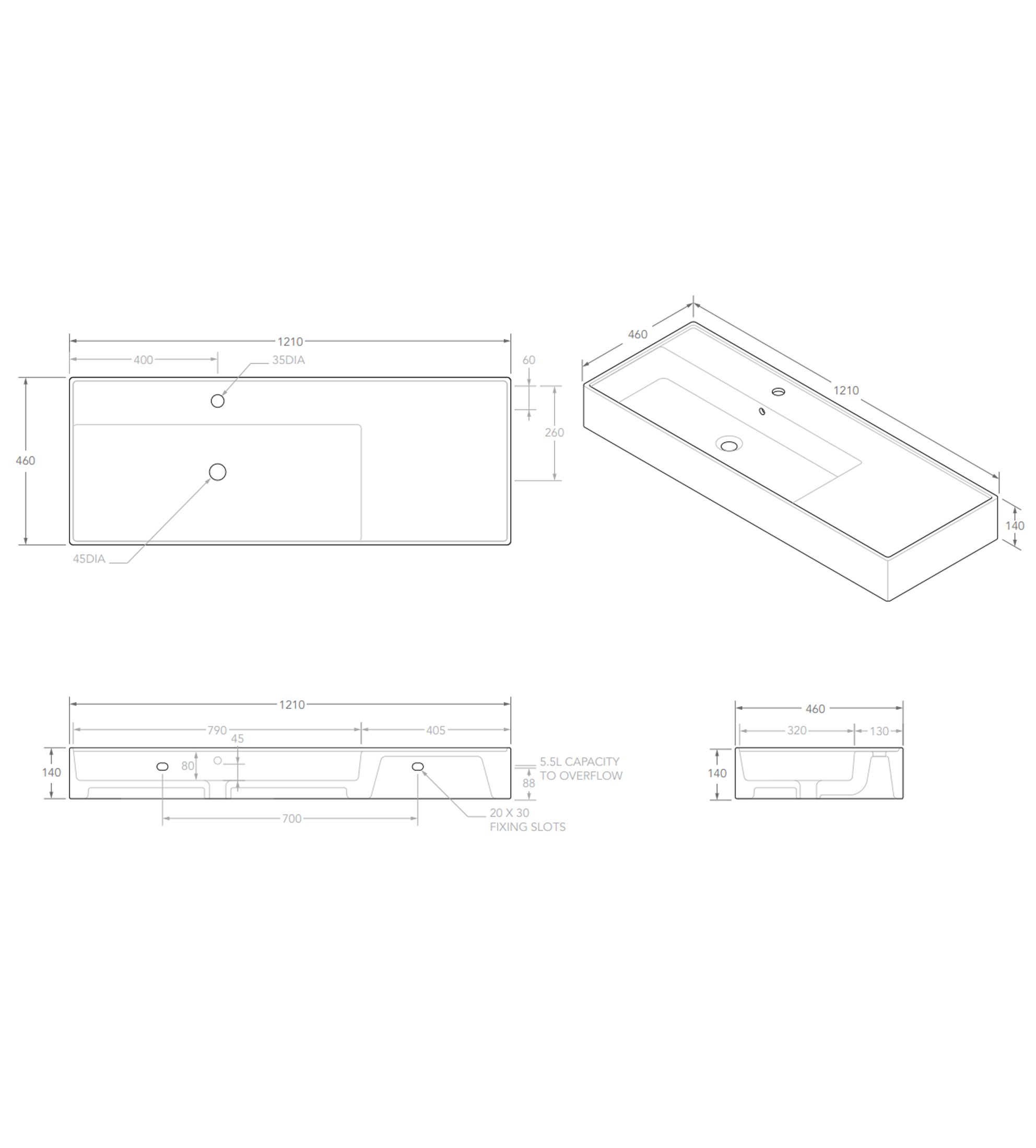 ADP Teorema 1210mm Ceramic Wall Mounted Basin, Right Hand Bowl 1th, Gloss White