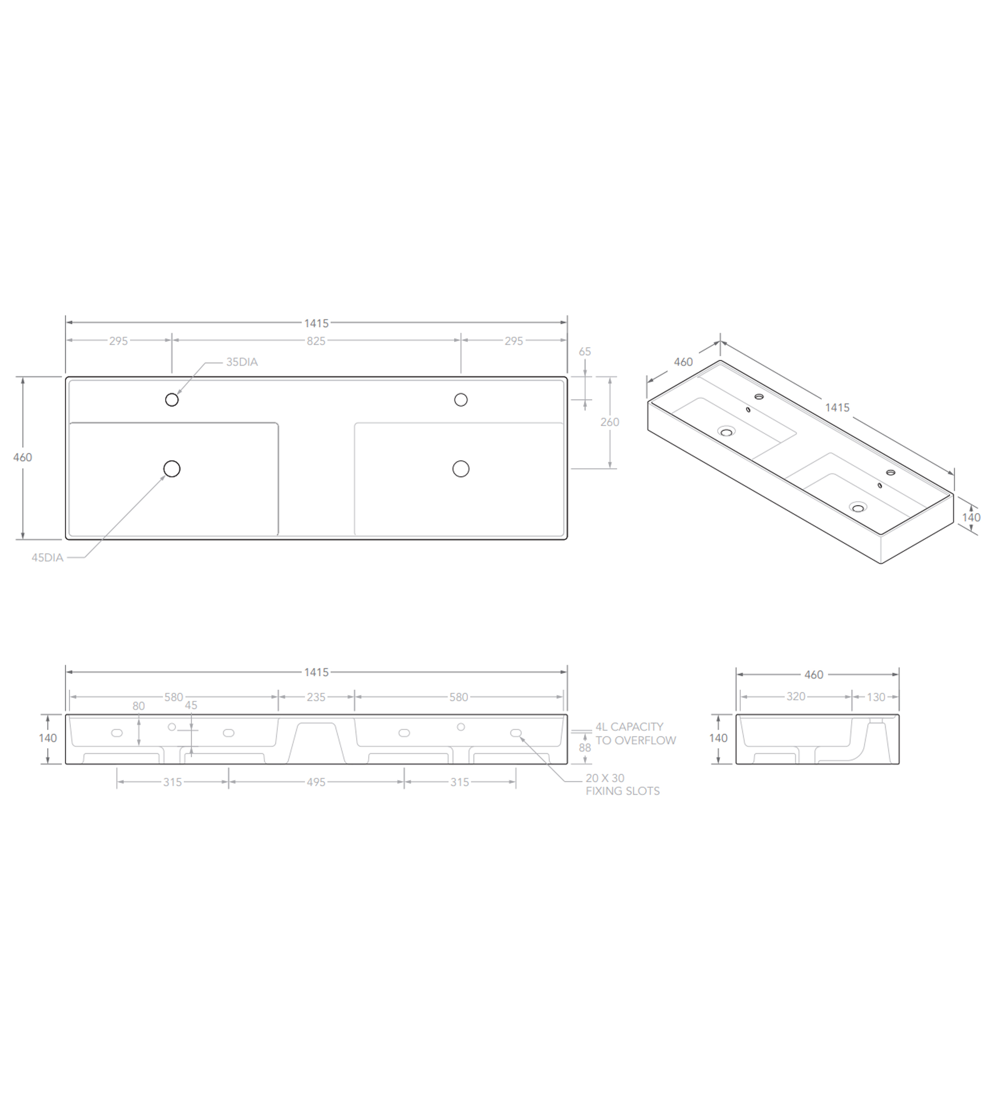 ADP Teorema 1415mm Ceramic Wall Mounted Basin, Double Bowl 1th, Gloss White