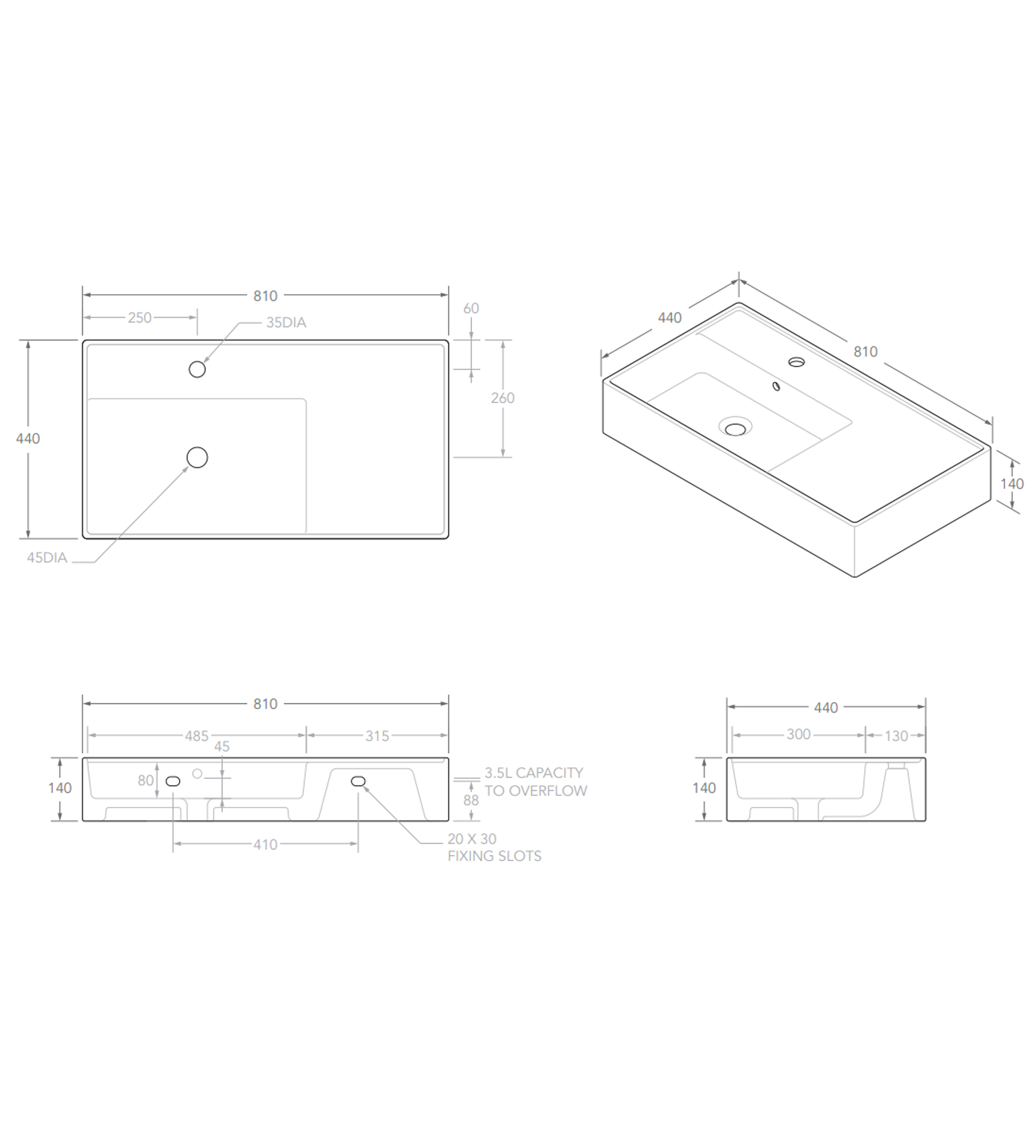 ADP Teorema 810mm Ceramic Wall Mounted Basin, Left Hand Bowl 1th, Gloss White