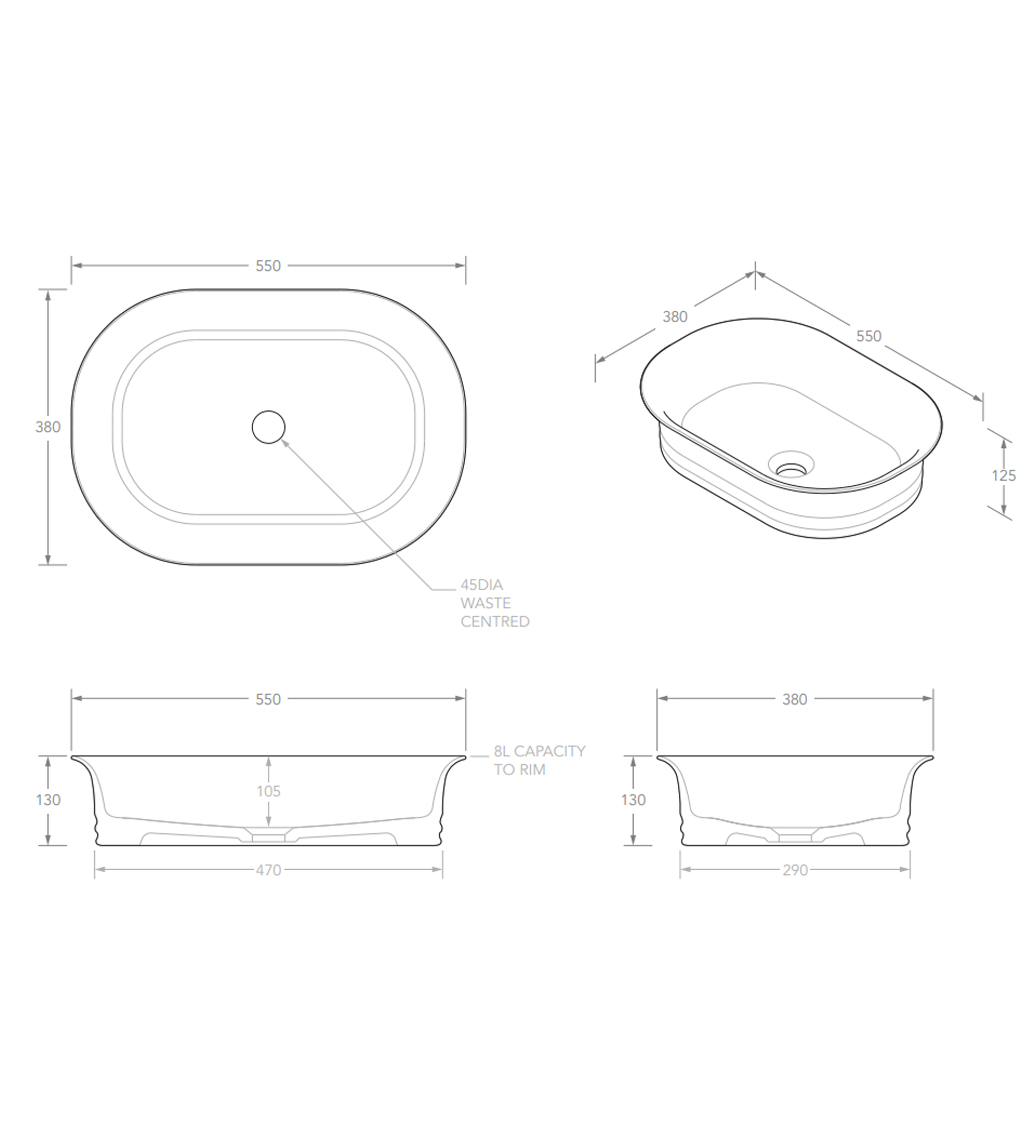 ADP Titan 550mm Ceramic Above Counter Basin, Gloss White