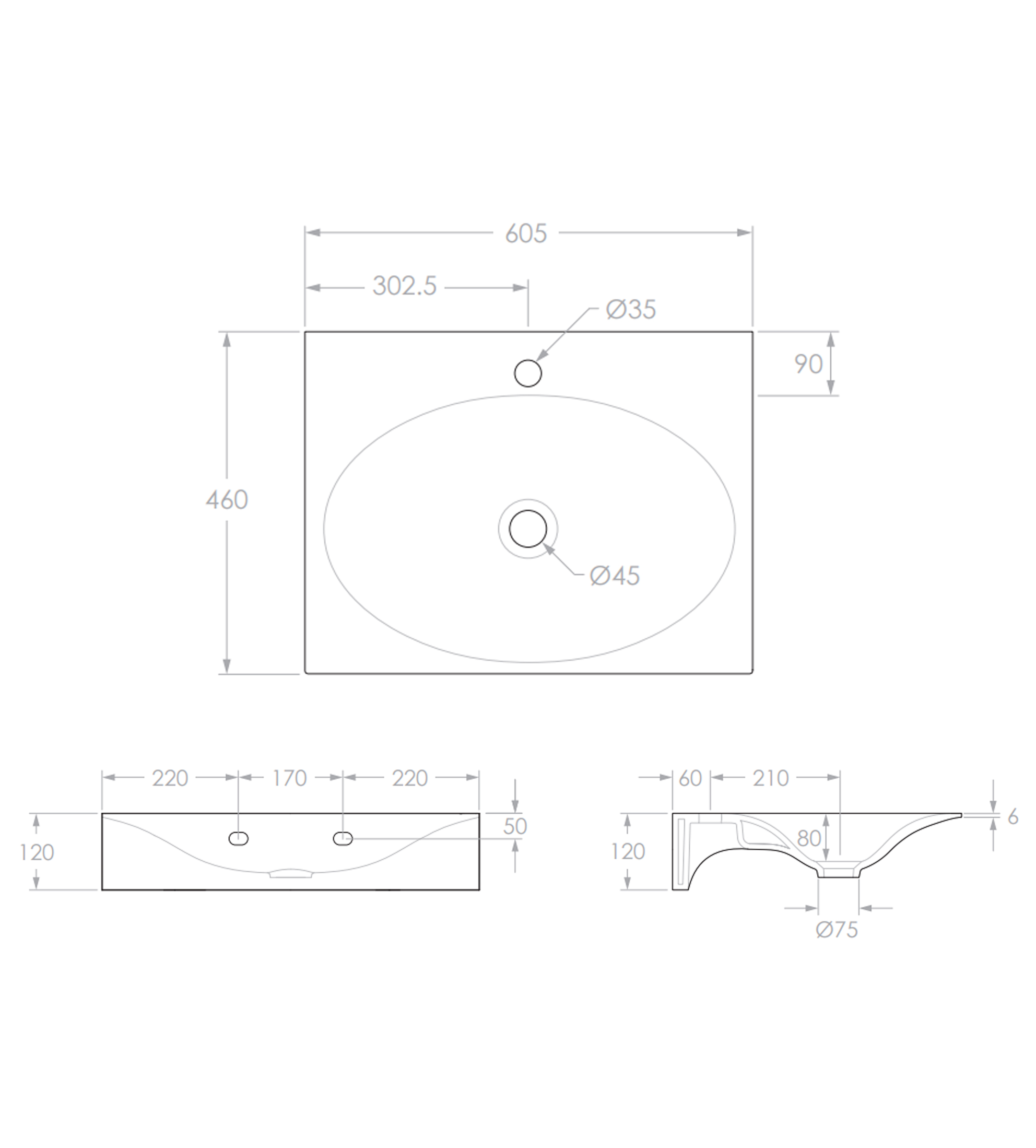 ADP Veil 600mm Ceramic Wall Mounted Basin Nth, Gloss White