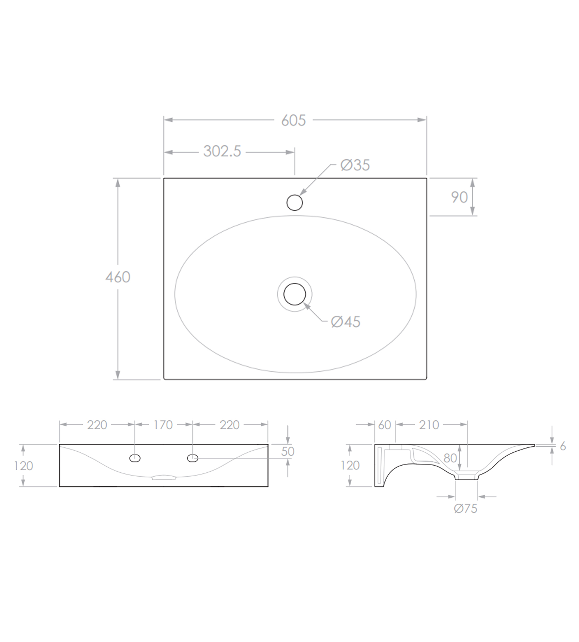 ADP Veil 600mm Ceramic Wall Mounted Basin 1th, Gloss White