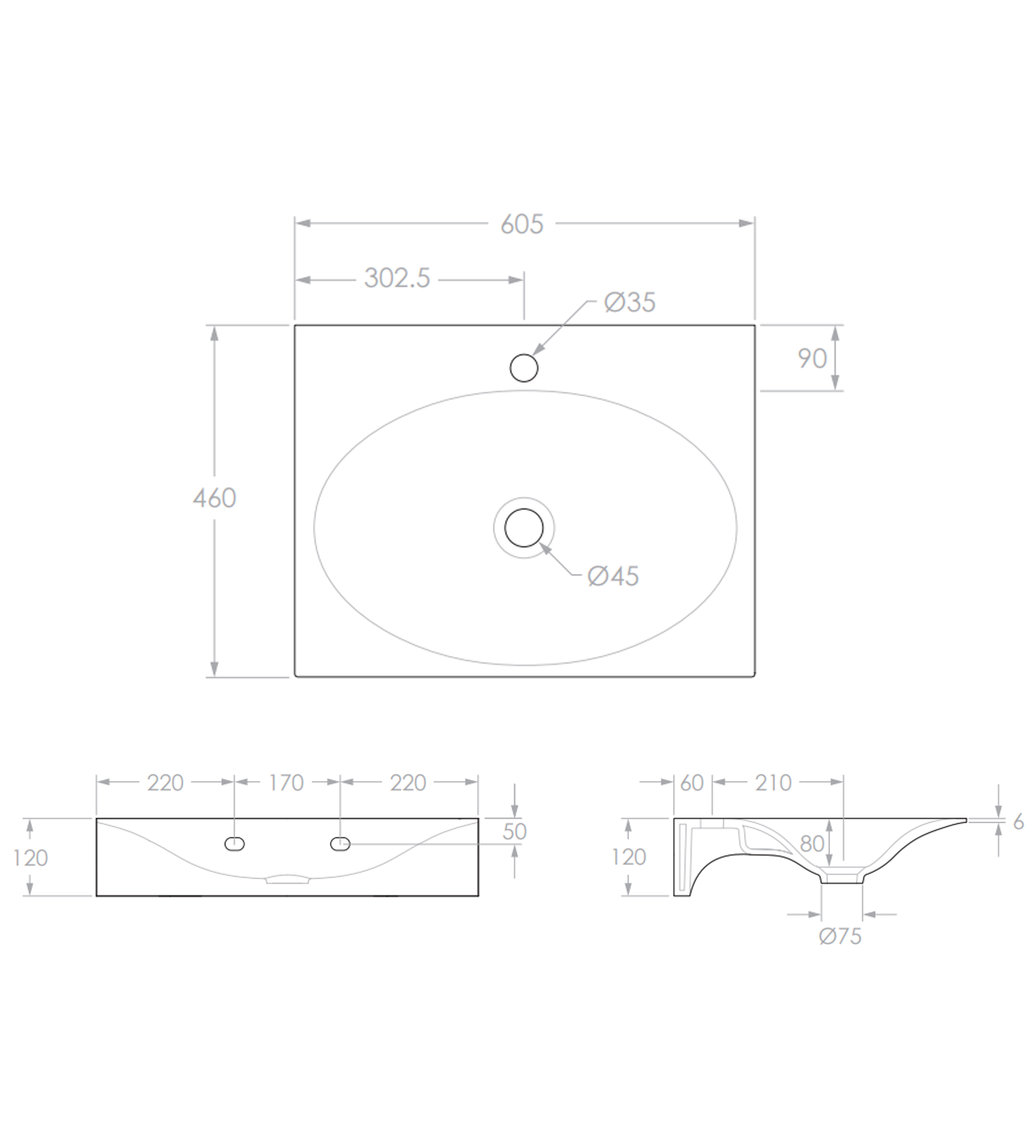 ADP Veil 600mm Ceramic Wall Mounted Basin 1th, Matte Black
