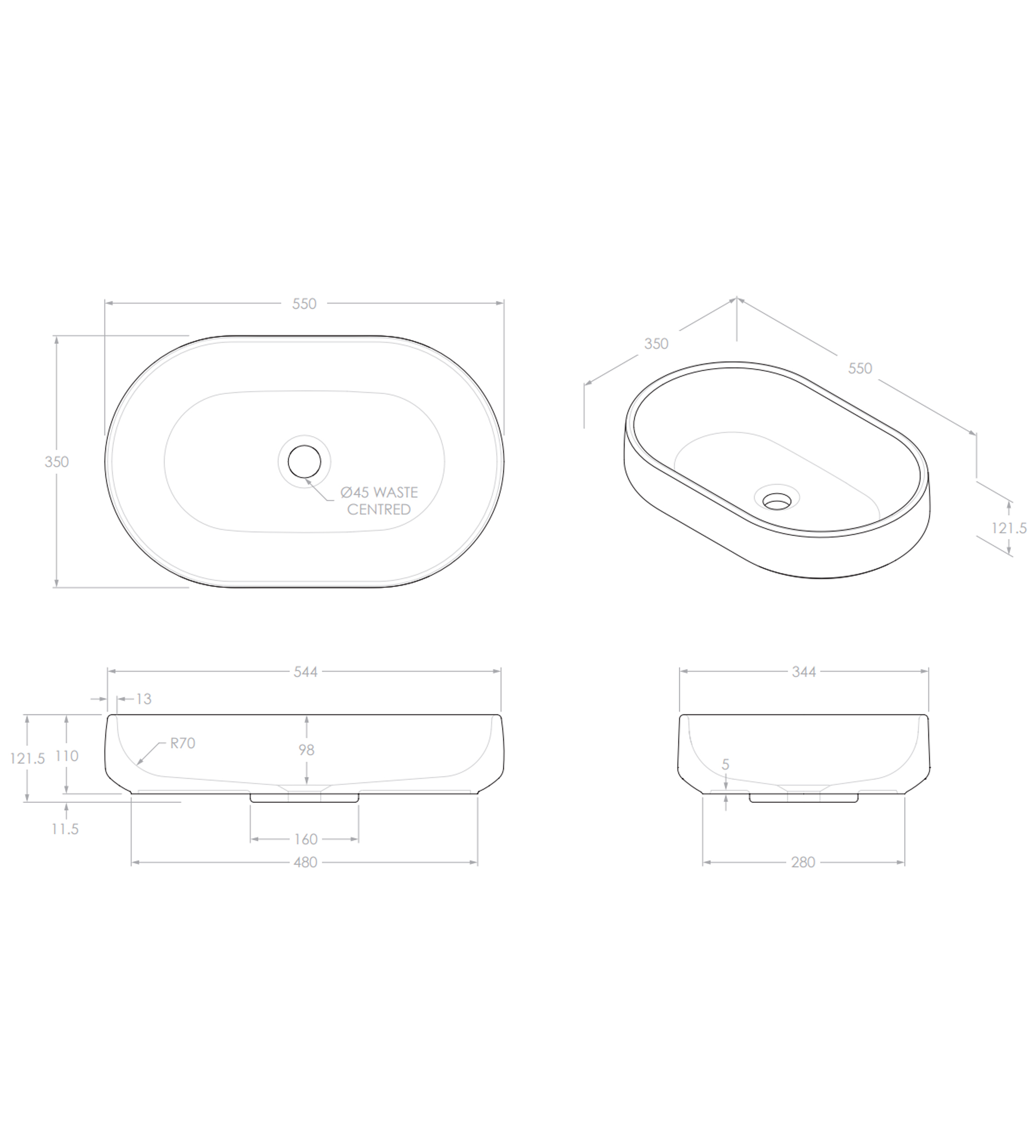 ADP Norma 550mm Concrete Above Counter Basin, Charcoal