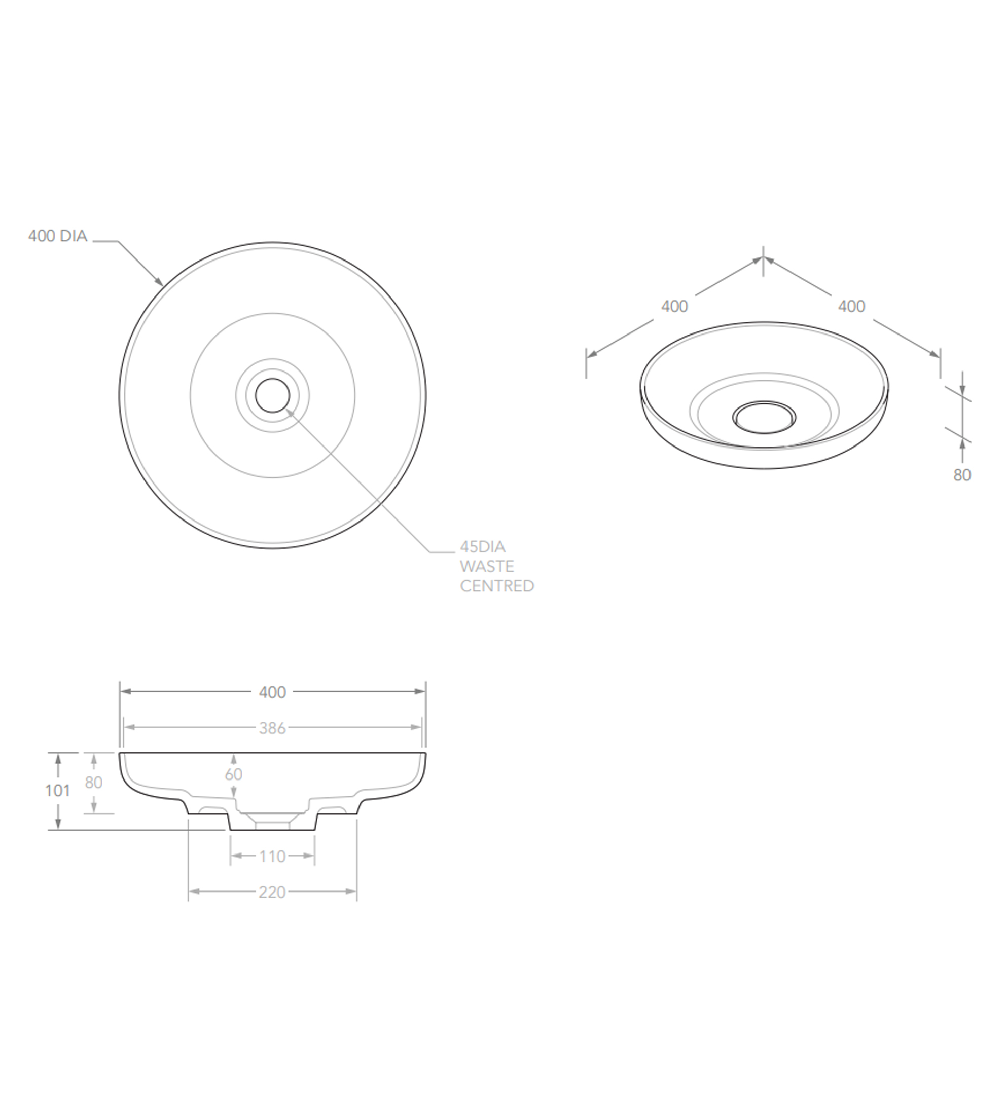 ADP Flume 400mm Cast Marble Above Counter Basin, Matte White