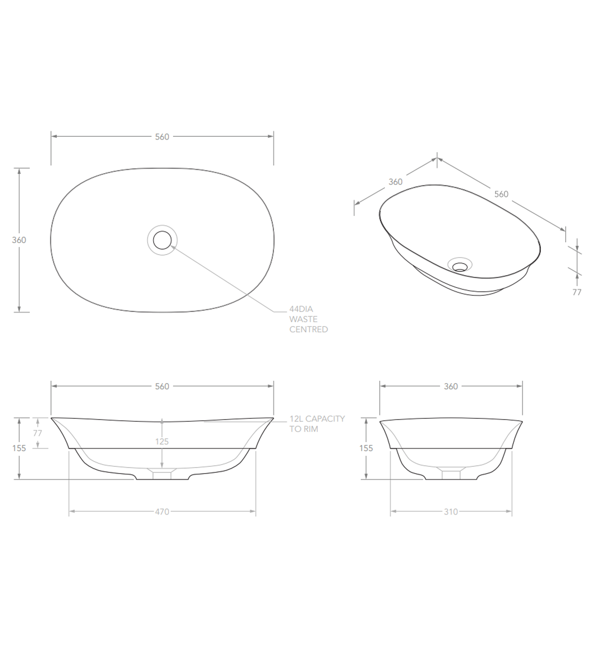 ADP Rise 560mm Cast Marble Semi Inset Basin, Matte White
