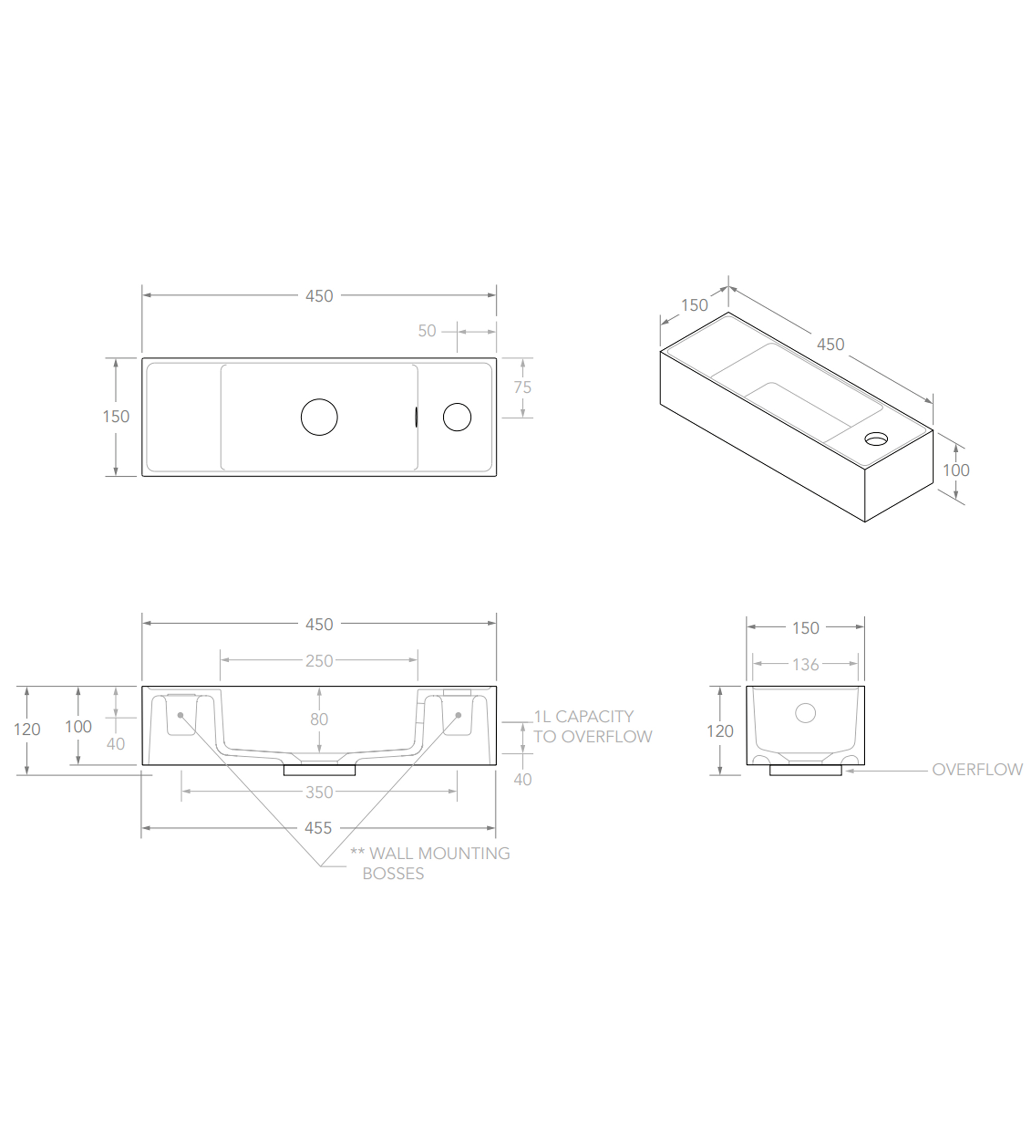 ADP Eon 455mm Solid Surface Wall Mounted Basin, Gloss White