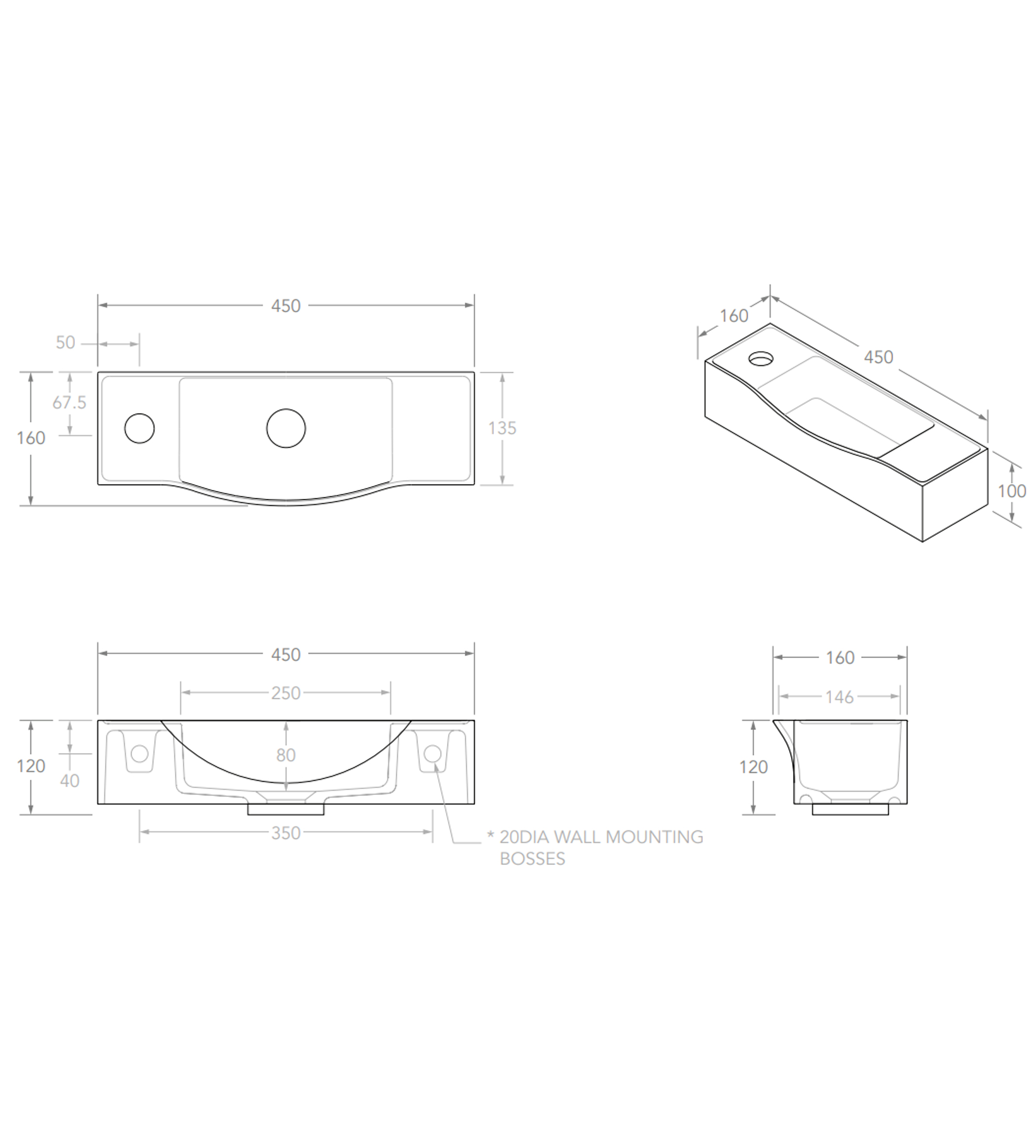 ADP Halo 450mm Solid Surface Handrinse Basin, Right Hand Tap Hole, Gloss White