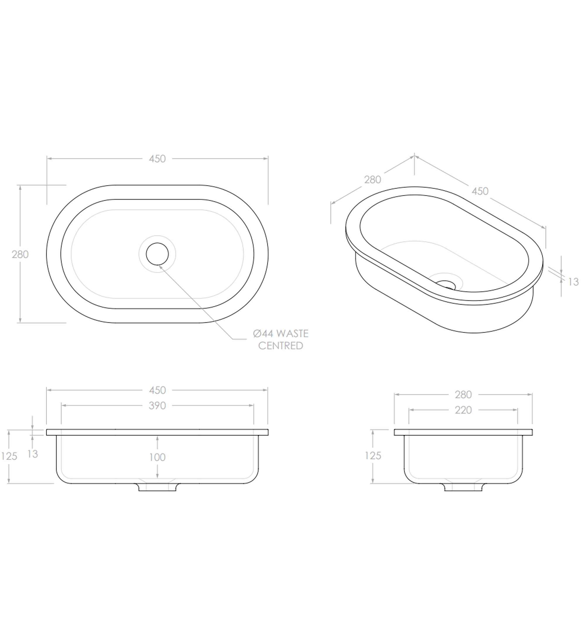 ADP Isla 450mm Ceramic Under Counter/Inset Basin, Gloss White