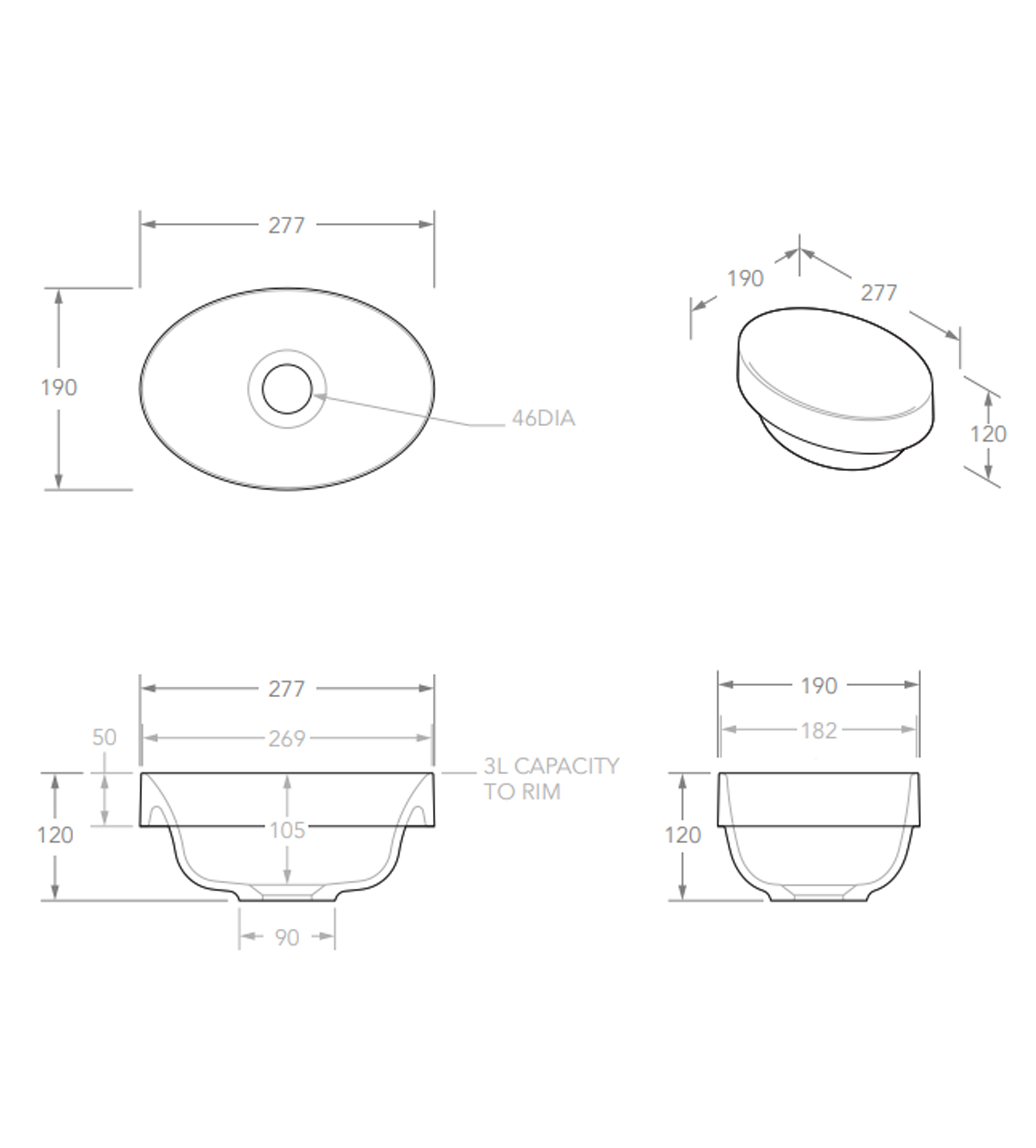 ADP Joy 277mm Solid Surface Semi Inset Basin, Gloss White