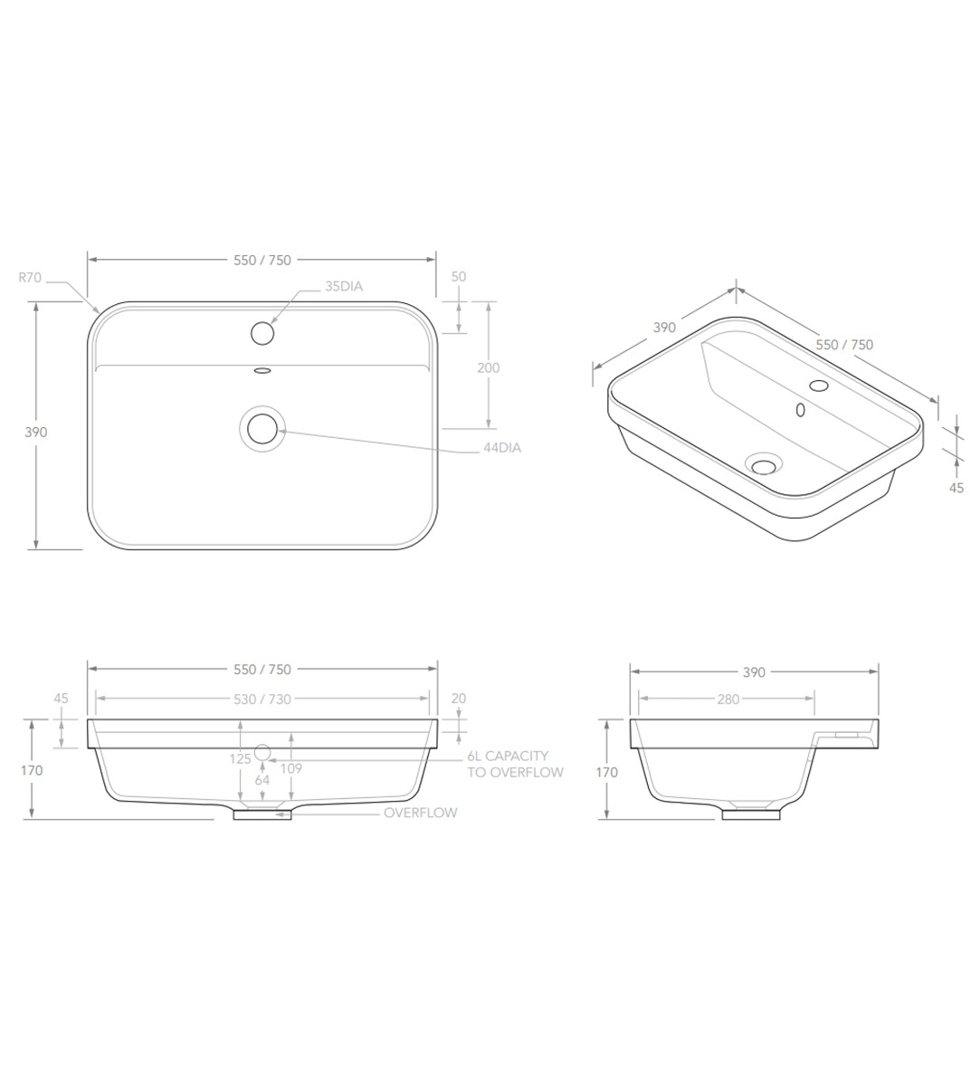 ADP Miya 750mm Solid Surface Semi Inset Basin, Gloss White