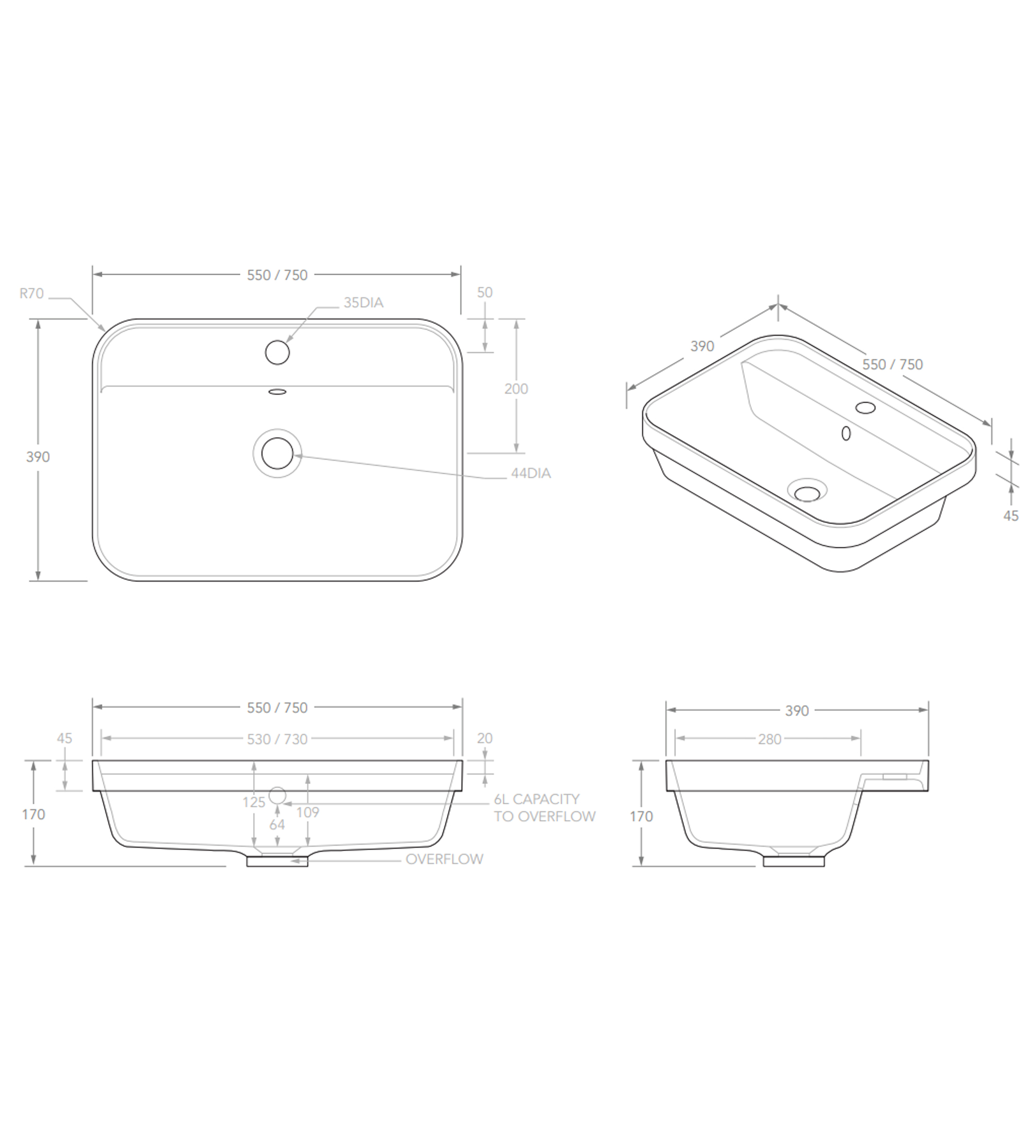 ADP Miya 750mm Solid Surface Semi Inset Basin, Matte White