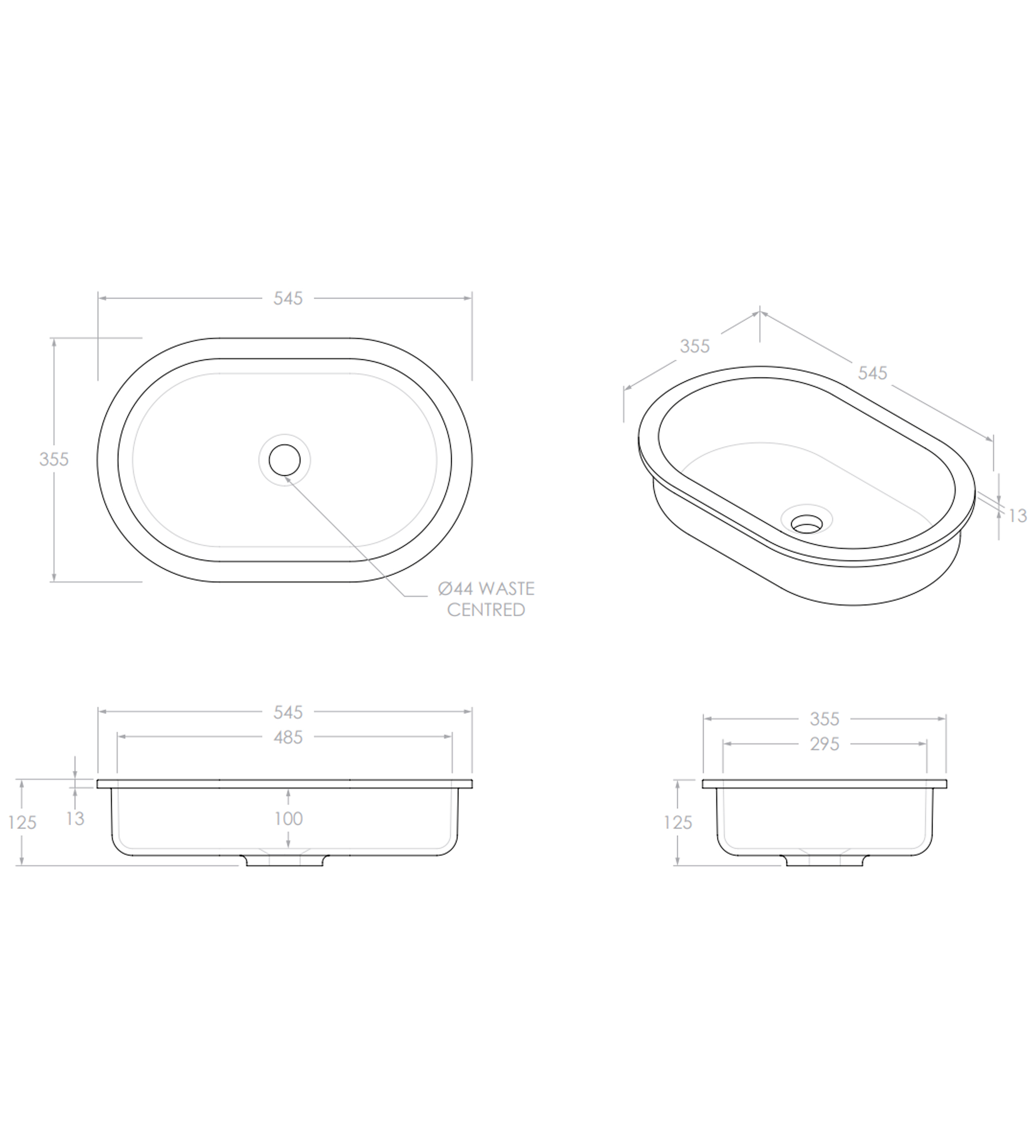 ADP Mila 545mm Ceramic Under Counter/Inset Basin, Gloss White