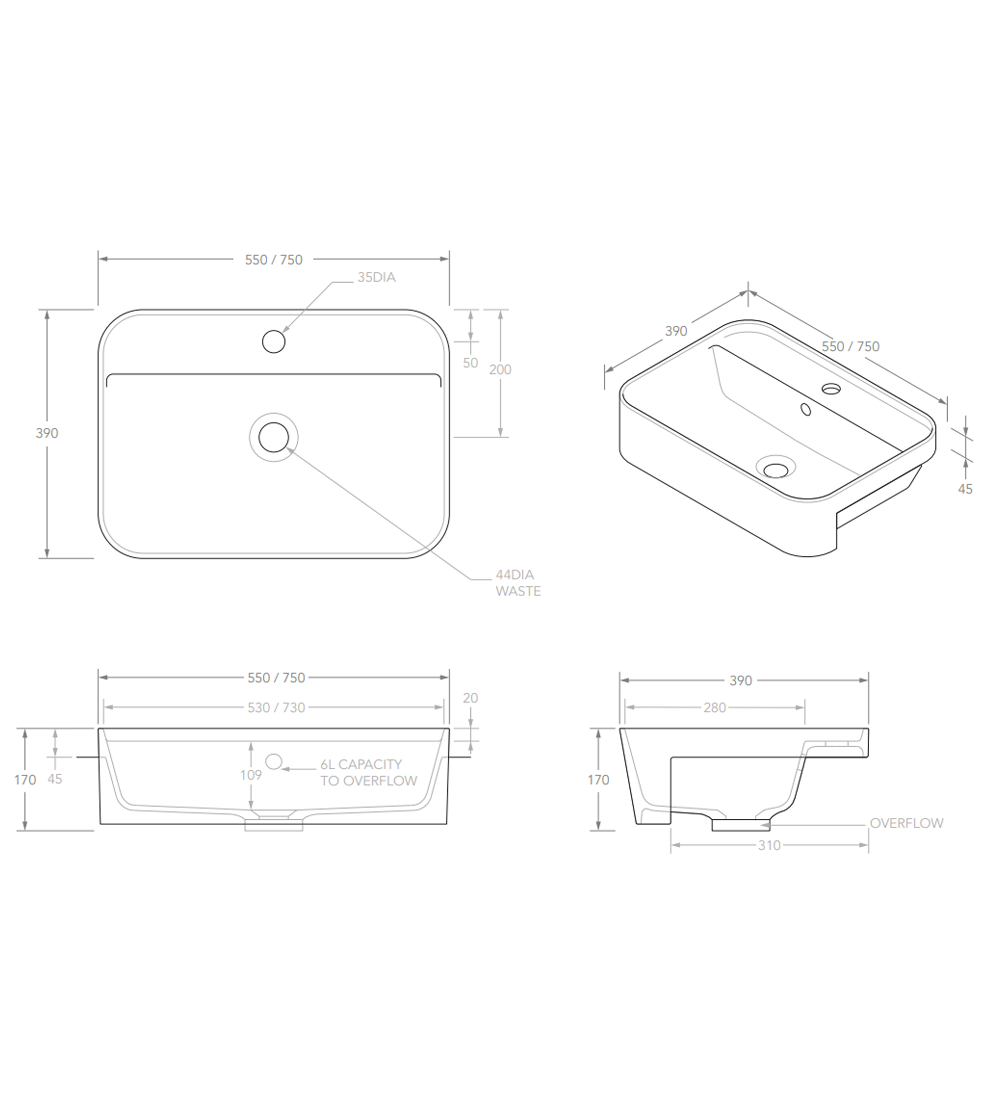 ADP Miya 750mm Solid Surface Semi Recessed Basin, Matte White